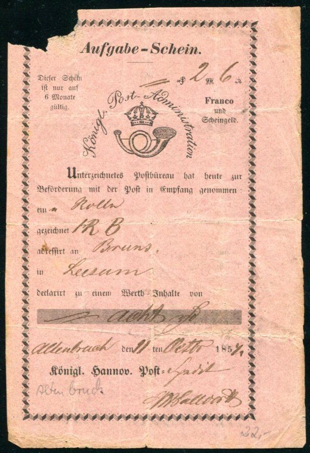 HANNOVER ALTENBURG 1854 POST NOTE (J1187