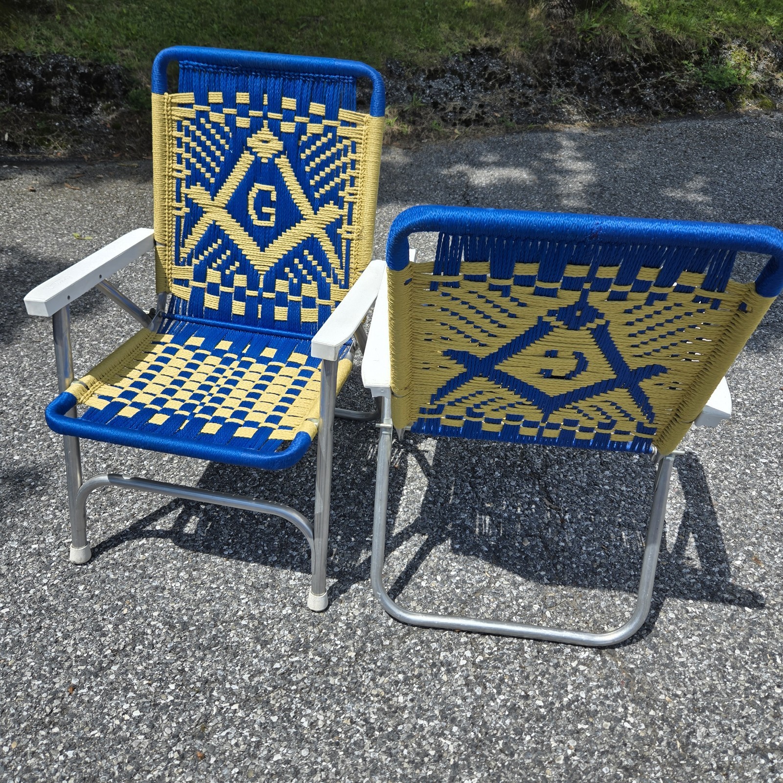 Masonic Folding Chairs Pair Macrame Blue Gold Aluminum Frame Vintage Lawn Patio