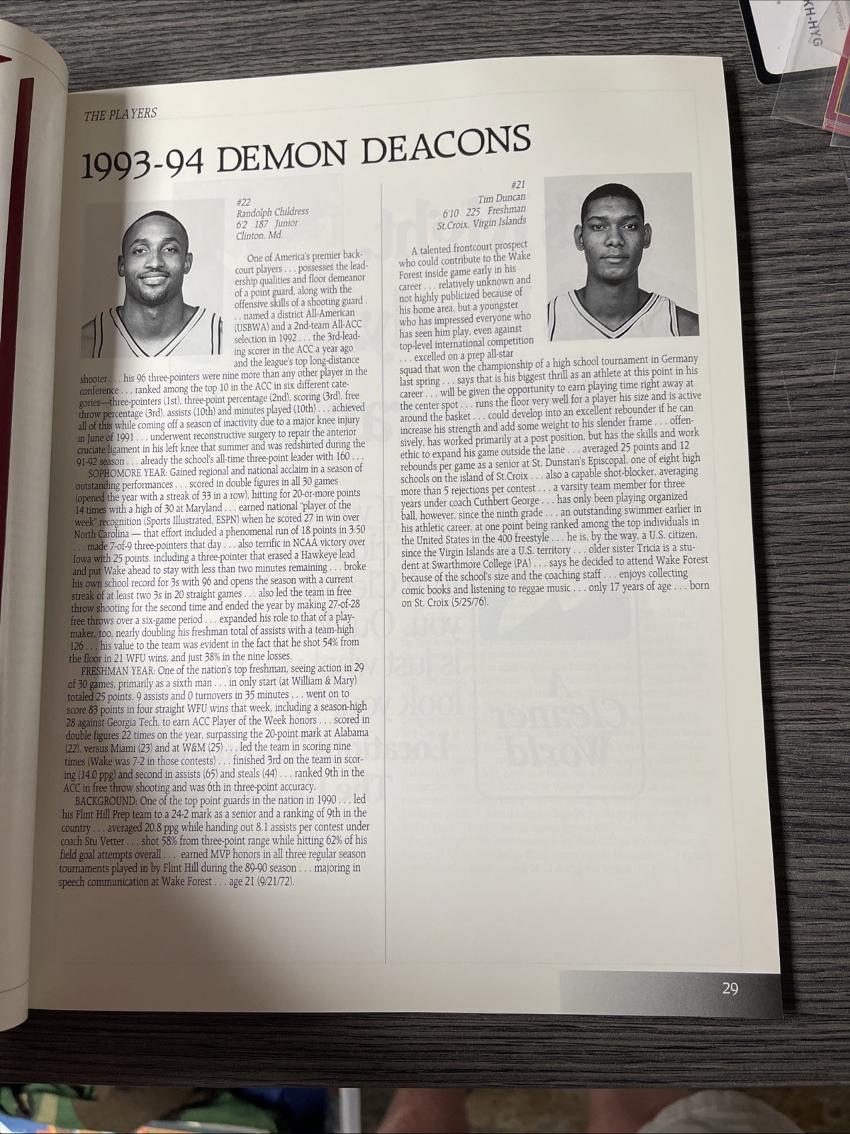1993-94 Wake Forest Basketball Outside Program Vol 1 Tim Duncan Freshman First