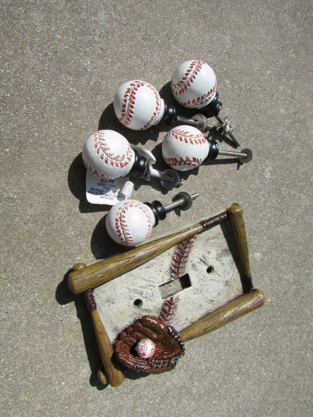 Lot of 5 Round BASEBALL Pull Knobs & 1-Toggle Light Switch Cover Child's Room
