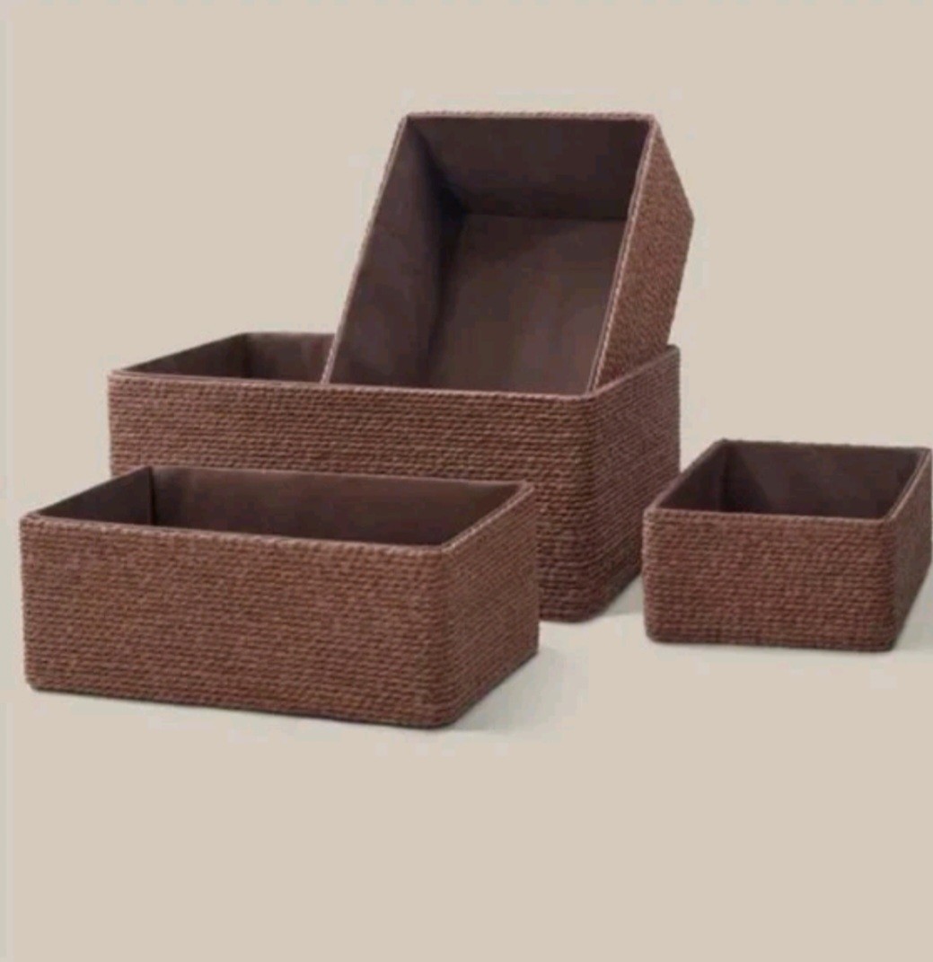 Set of 4 Brown Wicker Rectangular Stackable Woven Storage Baskets, Modern