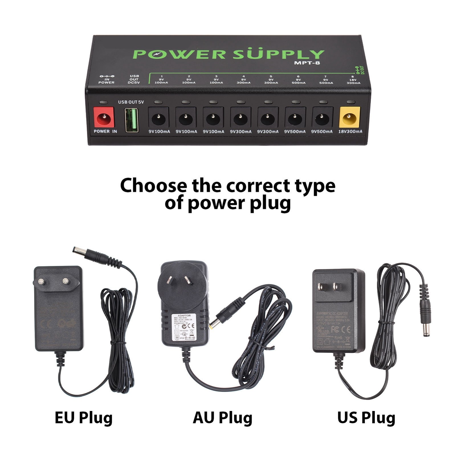 MOSKYAUDIO 8-Channel Guitar Pedal Power Supply With Independent Short GKGP