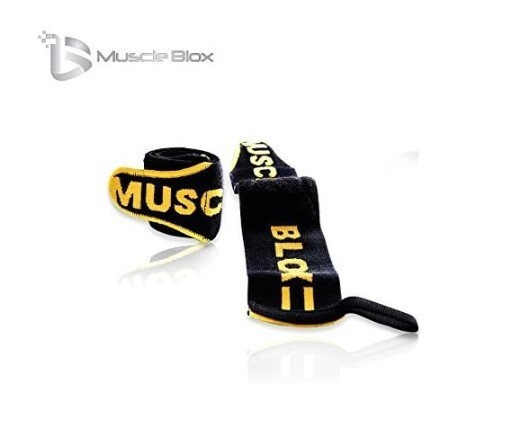 1 PAIR Muscle Blox Adjustable 17" Wrist Wrap, Yellow & Black, Weight Lifting