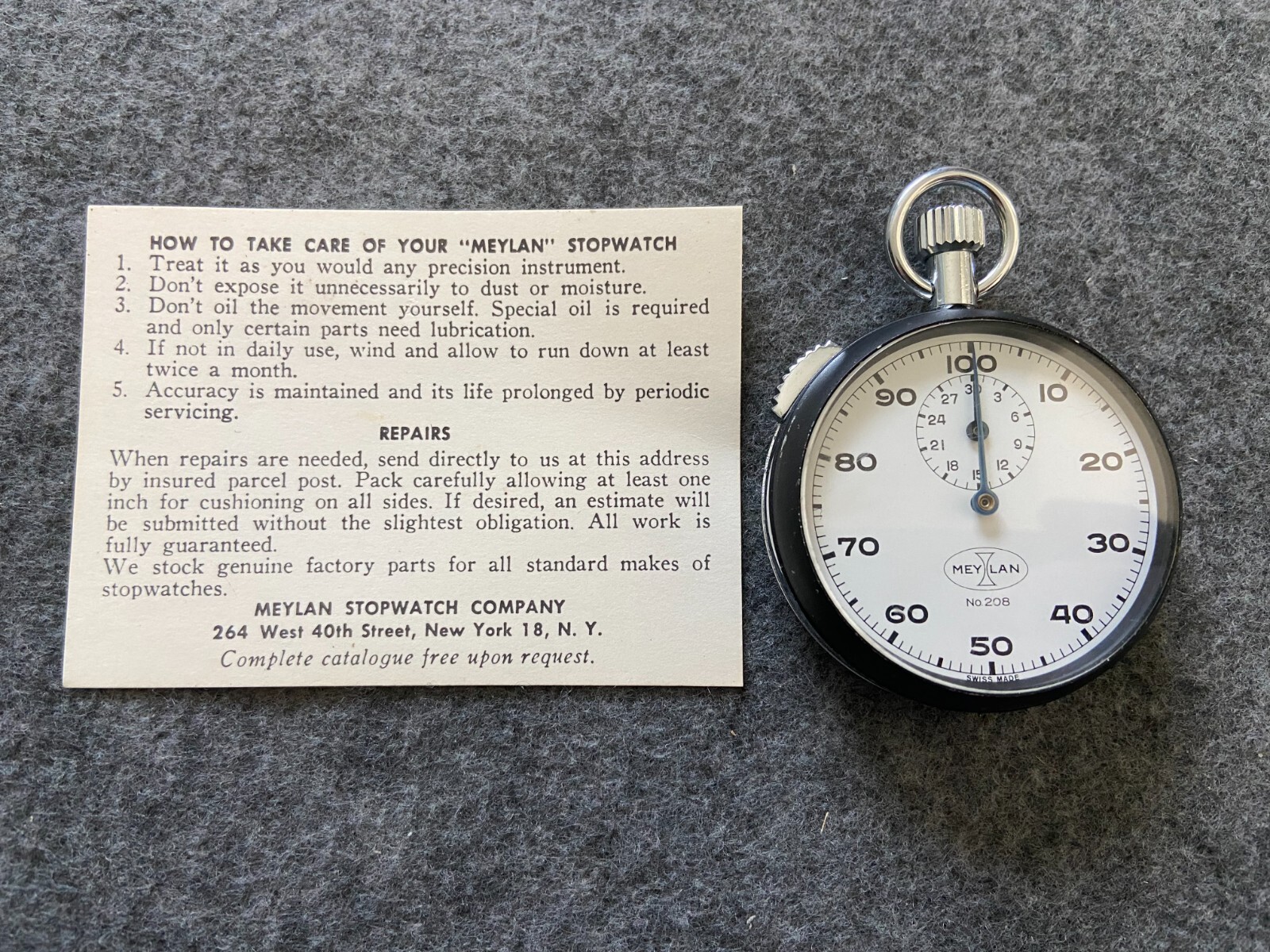 Swiss Made Meylan #208 Mechanical Wind Up Vintage Stop Watch
