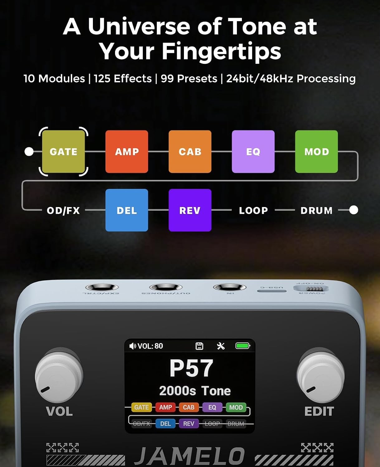 Pocket Guitar Multi Effects Pedal, with 125 Effects, 99 Presets, 30 Amp Modeling