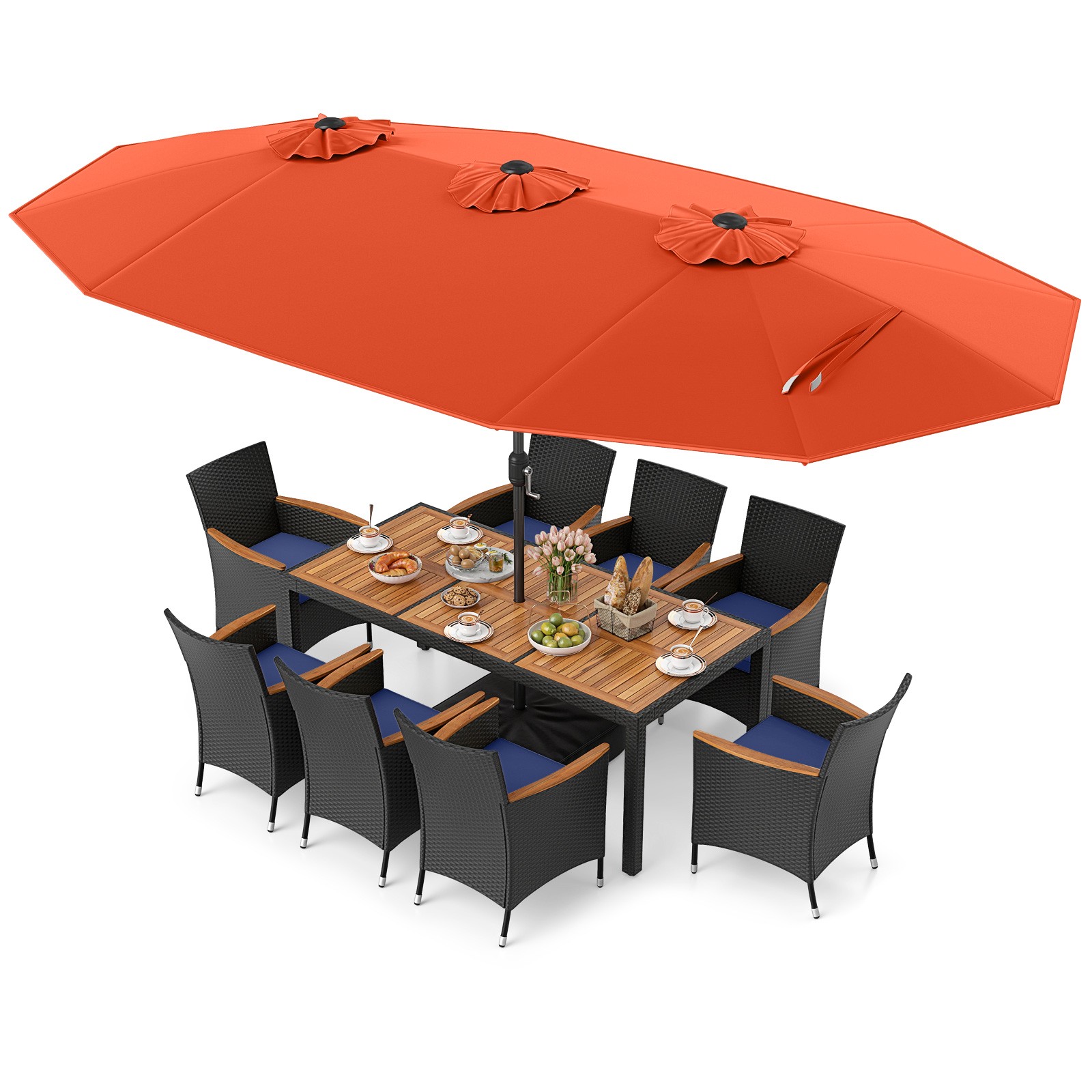11 PCS Patio Wicker Dining Set w/Double-Sided Outdoor Umbrella 8 Stackable