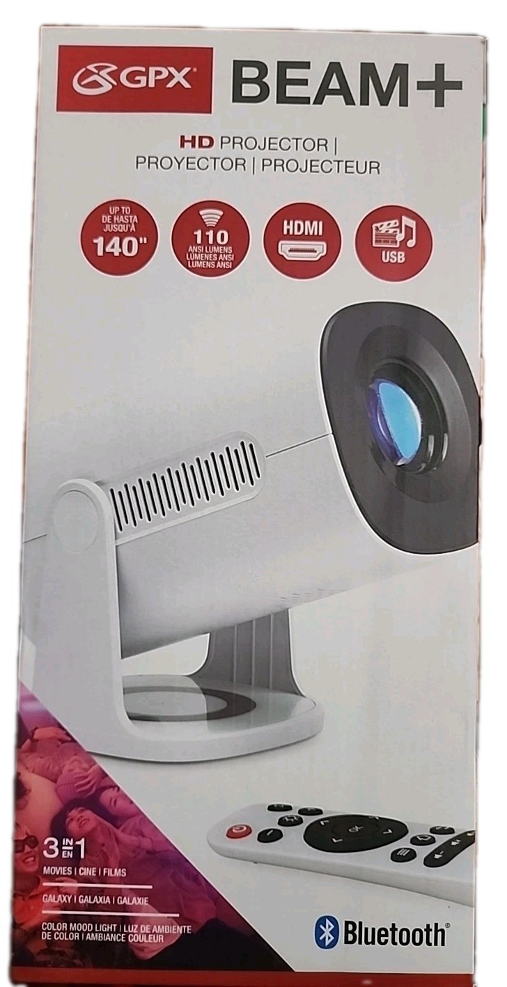 GPX Beam+ PJ505W 720p HD LED Projector Bluetooth 140" Portable NEW