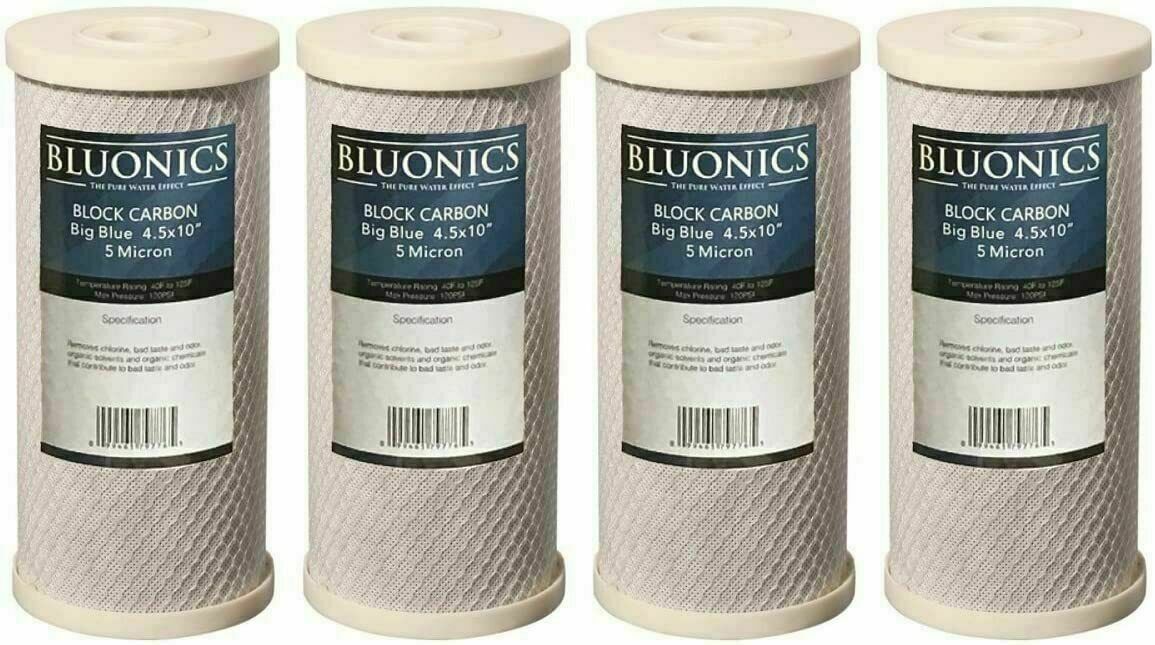Bluonics 4-PK Carbon Block 10 x 4.5" Whole House Charcoal Water Filters 5 Micron