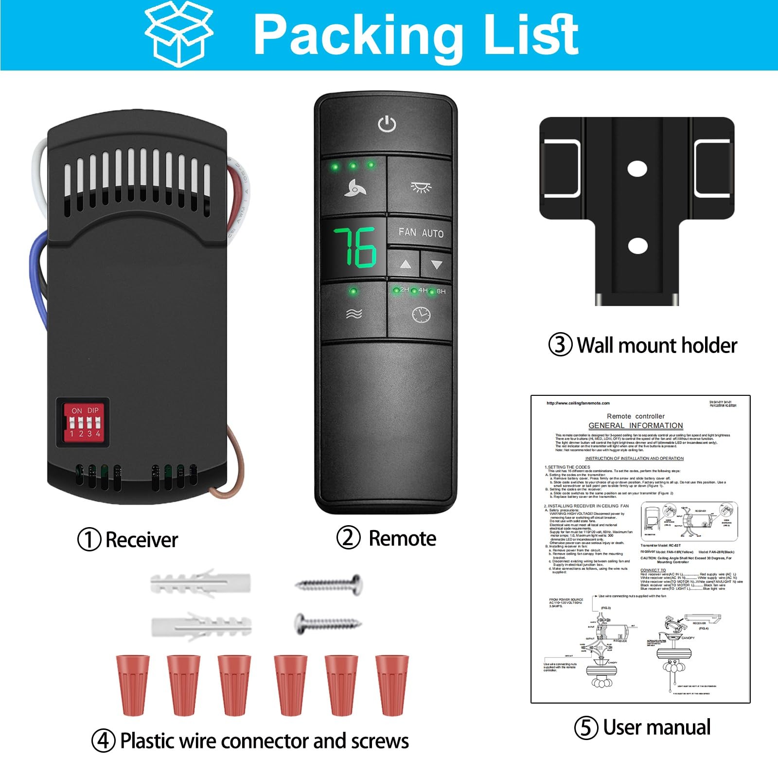 3Speed Universal Ceiling Fan Remote Control Kit for Hampton Bay, Replacement ...