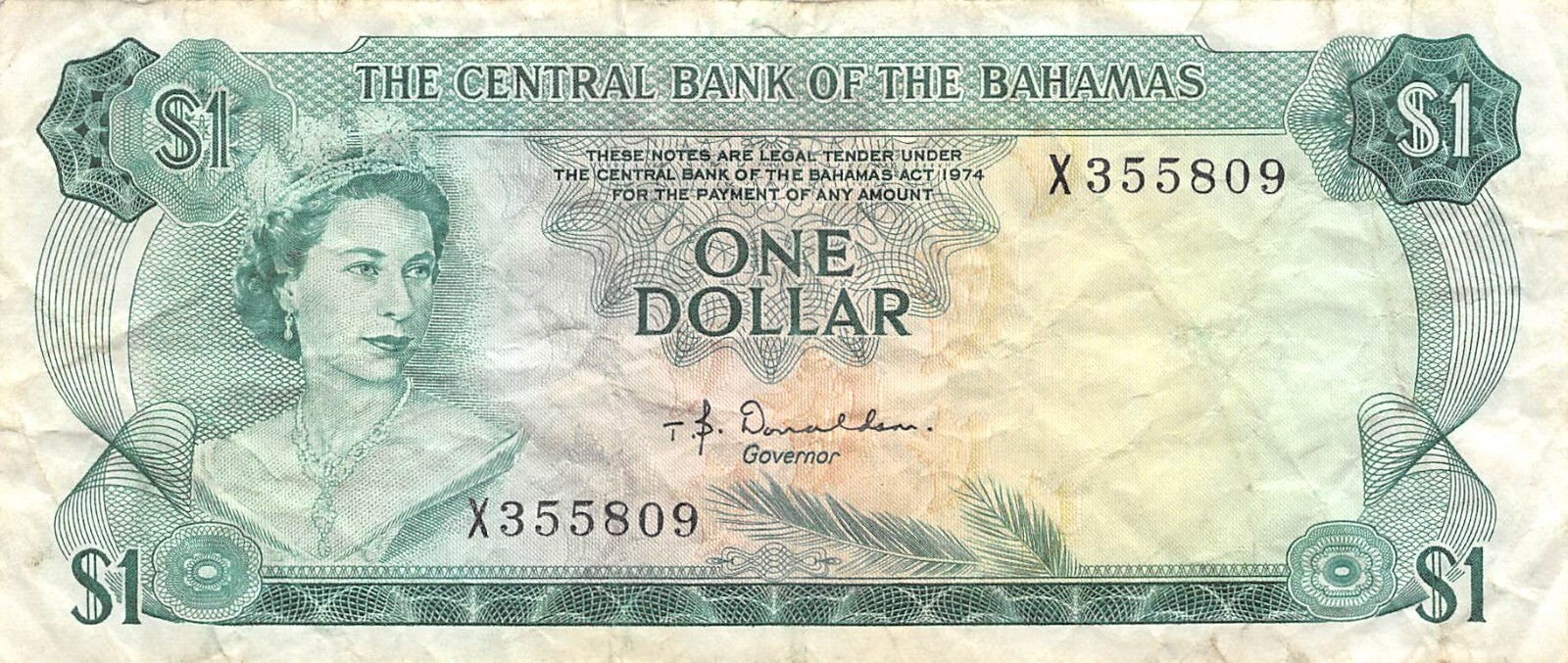 Bahamas  $1   Act. 1974   P 35a   Series X  Que. II   Circulated Banknote ZL