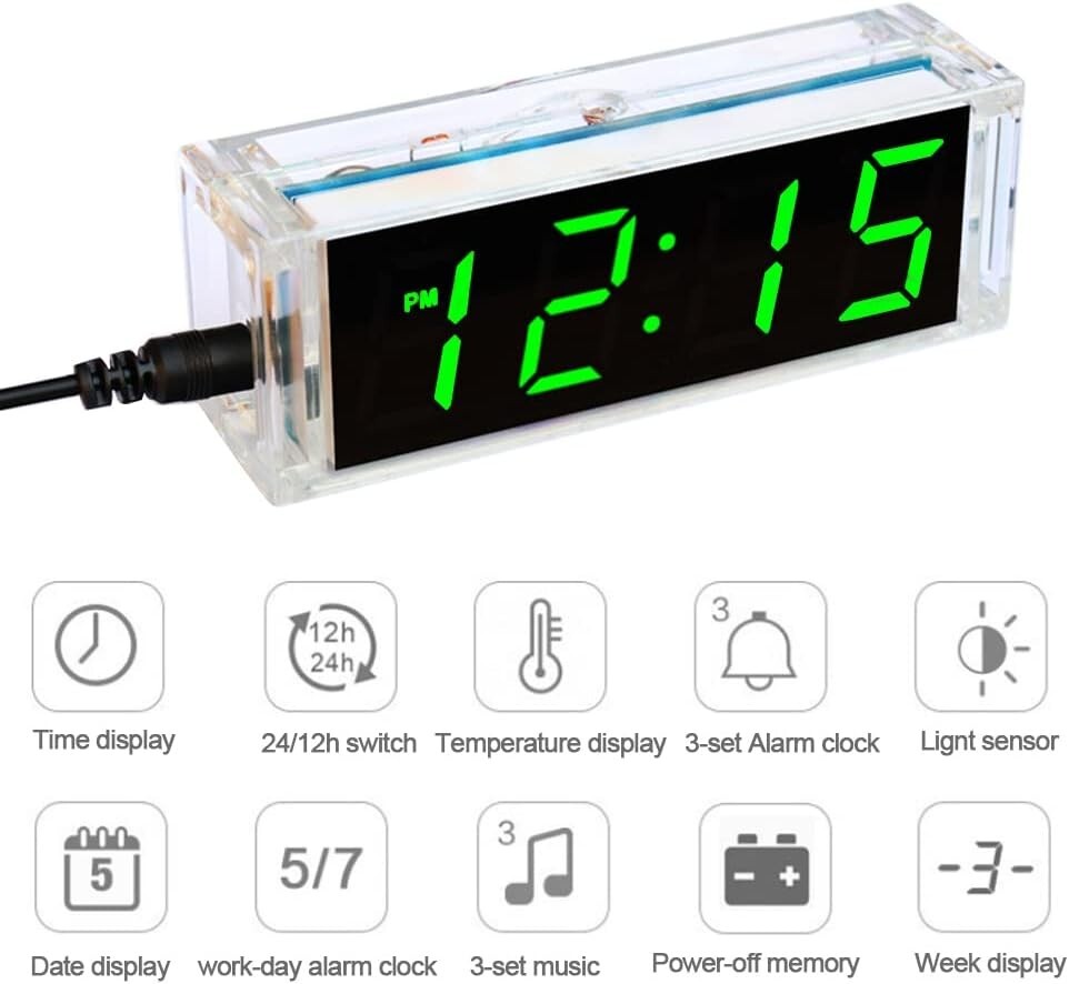 4-Digit Digital Green LED Electronic Alarm Clock DIY Kit Soldering Practice