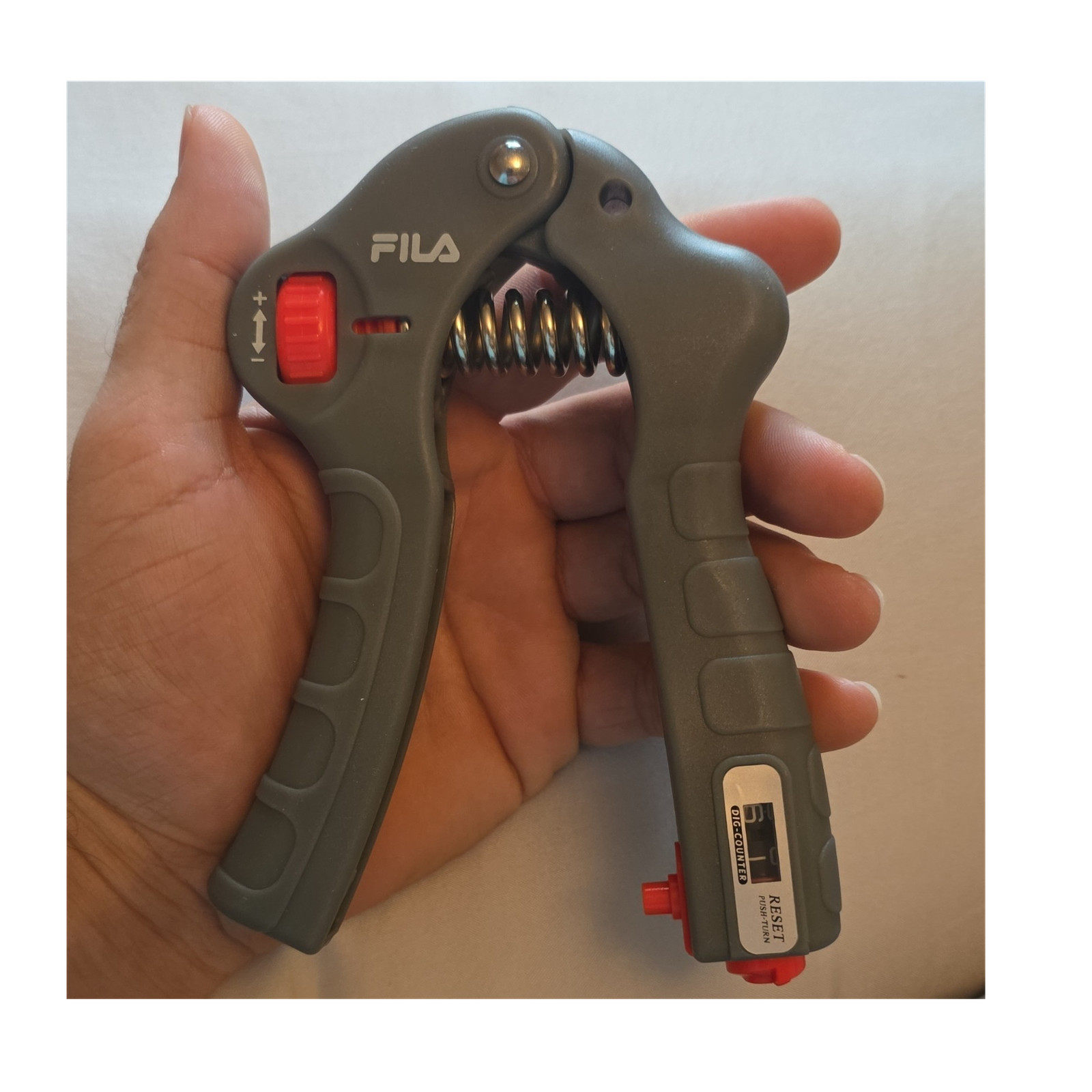 FILA Adjustable Resistance Hand Gripper Strengthener Metal Gym Training Gray Red