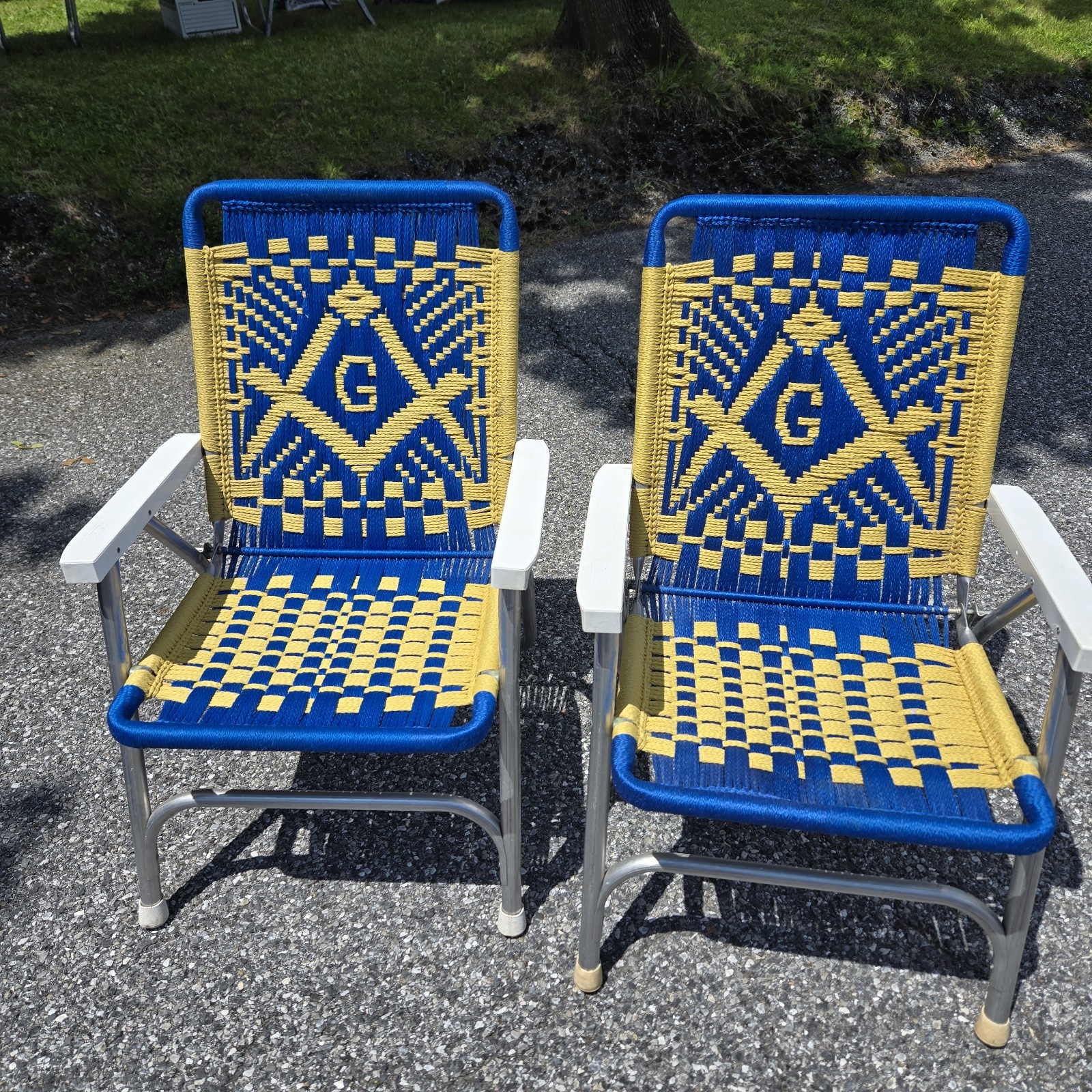 Masonic Folding Chairs Pair Macrame Blue Gold Aluminum Frame Vintage Lawn Patio