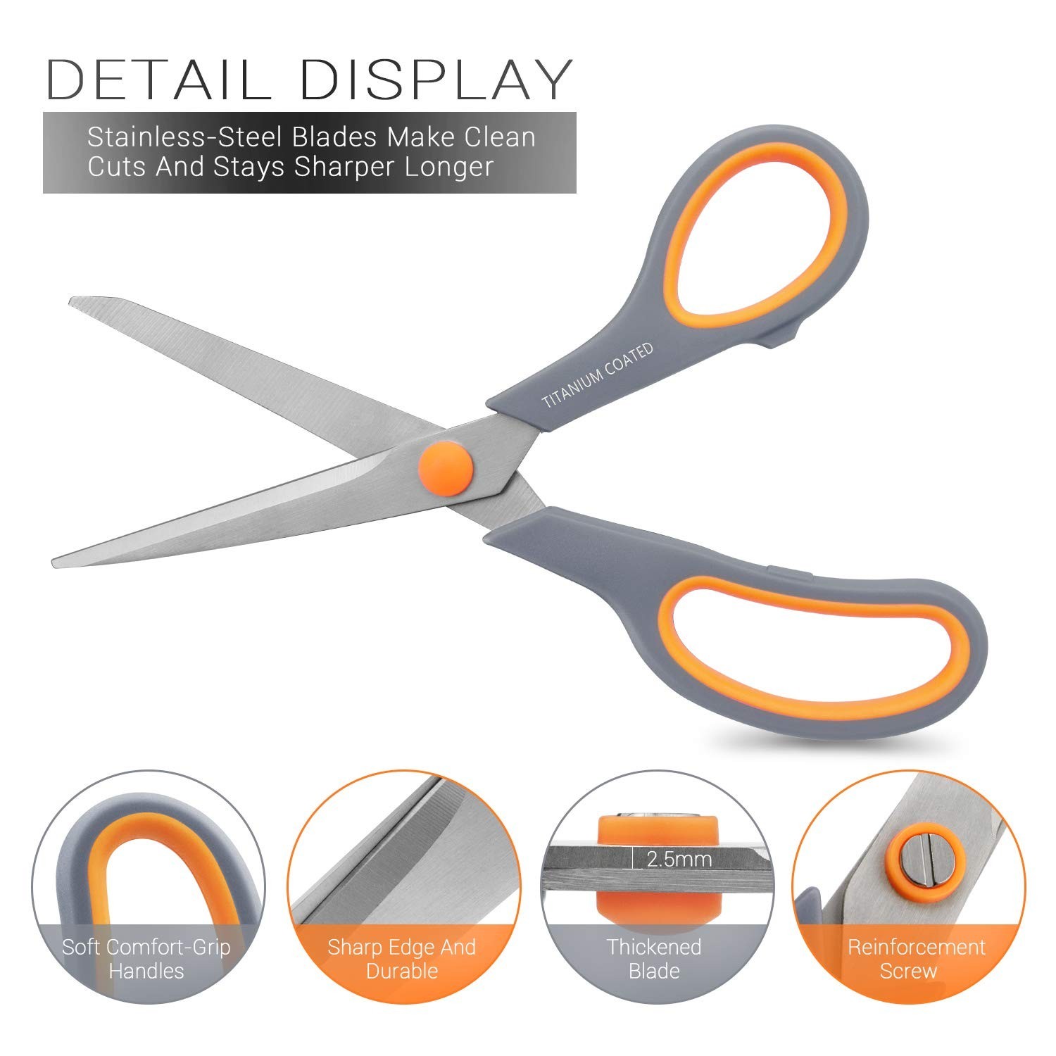 Scissors 8" Multipurpose Titanium Coated Sturdy Sharp, Gray, 1 Pack | Right/L...