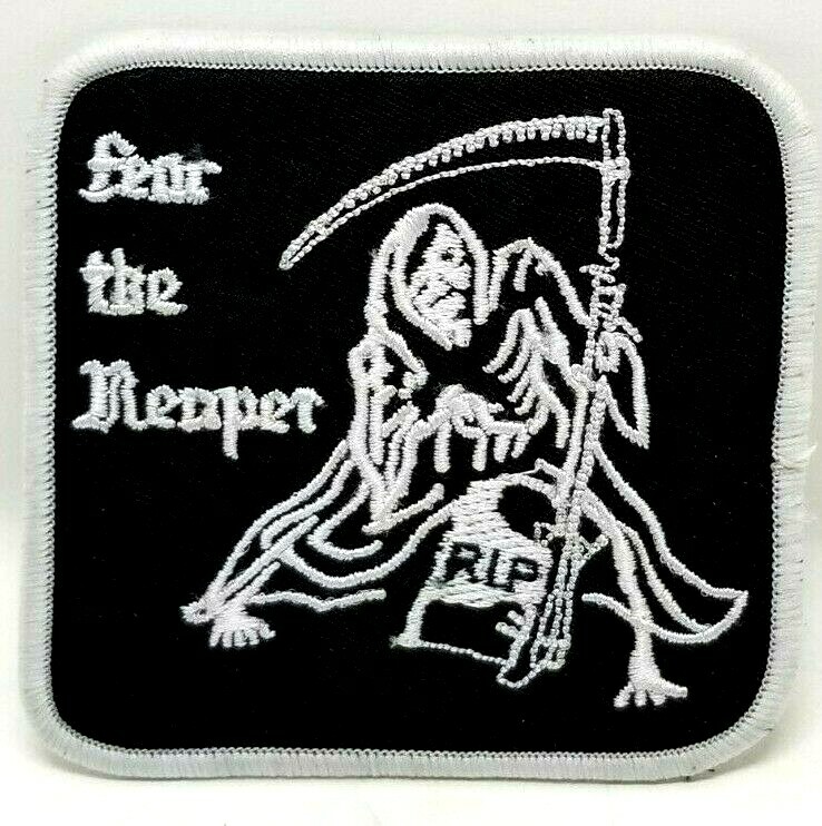 Fear The Reaper Patch Black with White Letters 3 1/4" X 3 3/8" (B22)