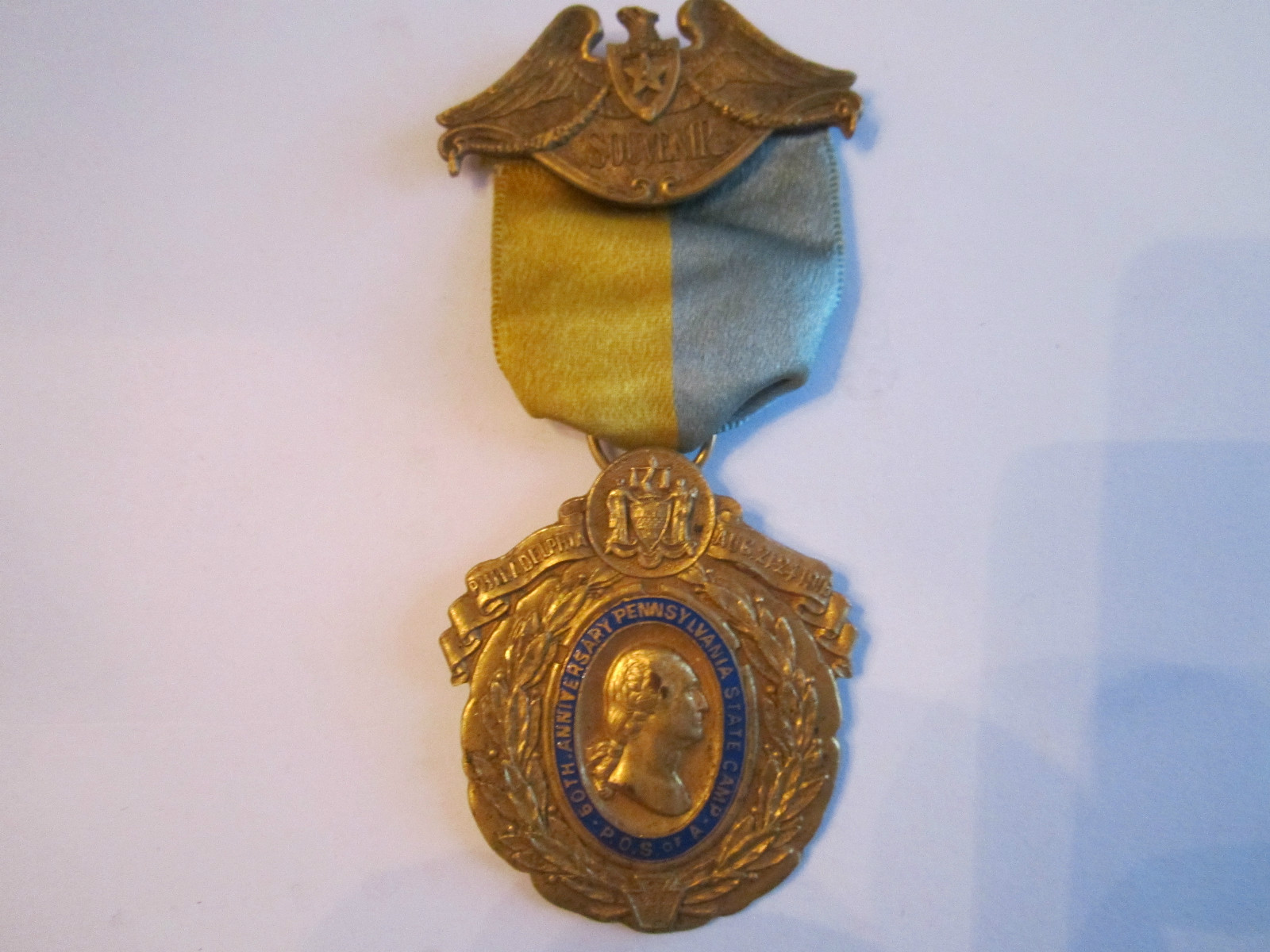 1916 STATE OF PENNSYLVANIA STATE CAMP MEDAL - P.O.S. OF A. - 3 1/4" X 1 1/2"