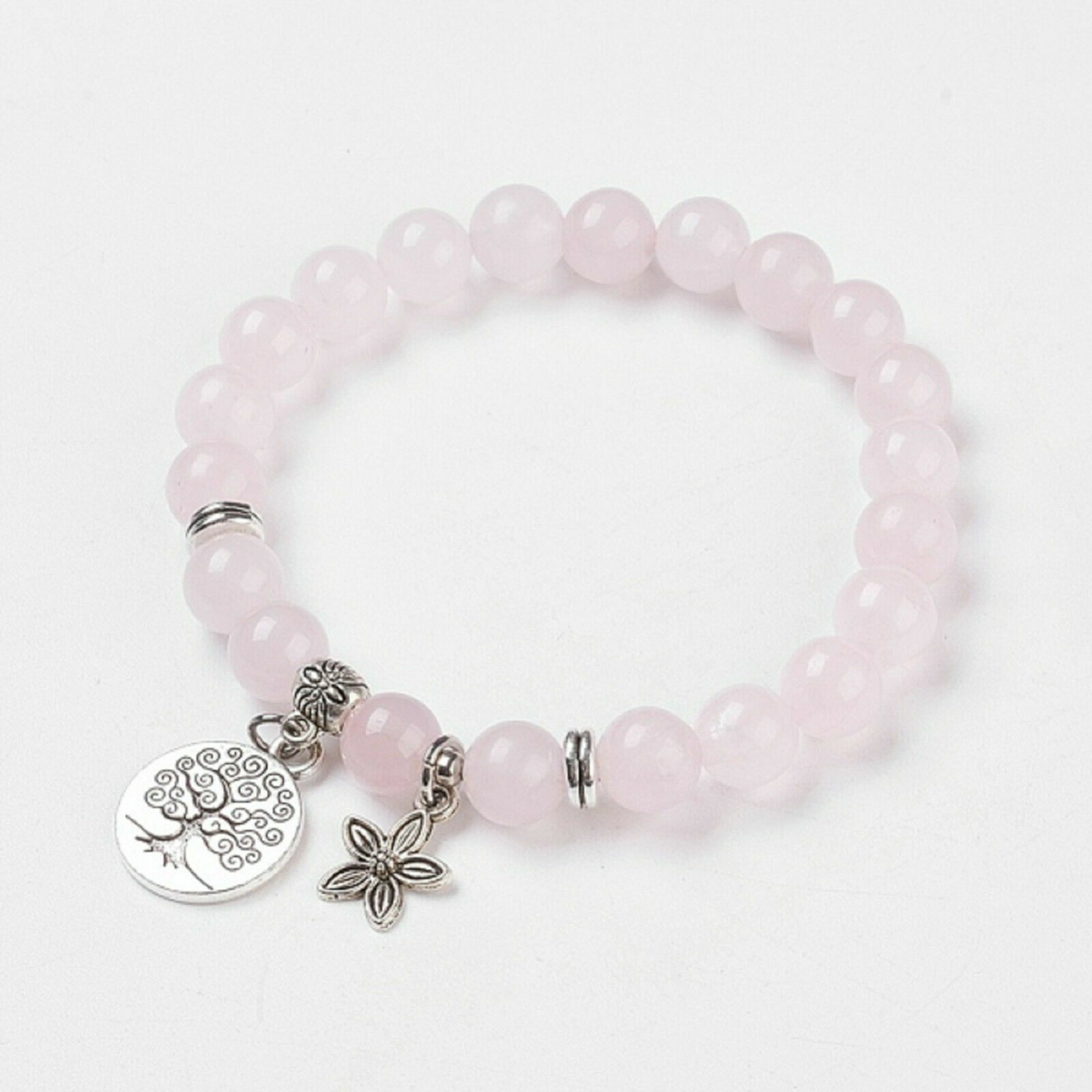 Natural Rose Quartz Stretch Bracelet Tree of Life and Flower Pendants.Great Gift