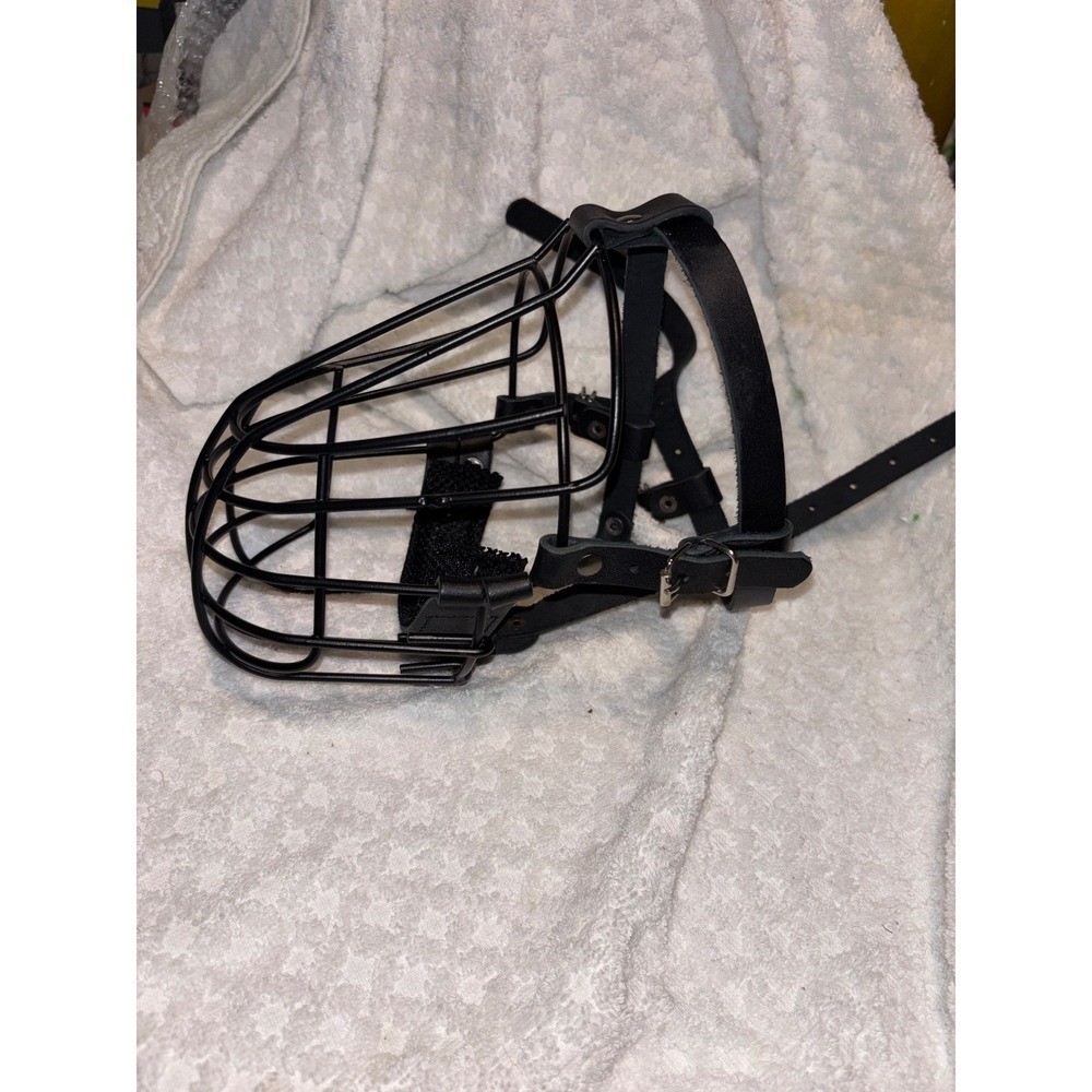 Black Metal Wire Basket Dog Muzzle Adjustable Leather Straps Large Breed Safety