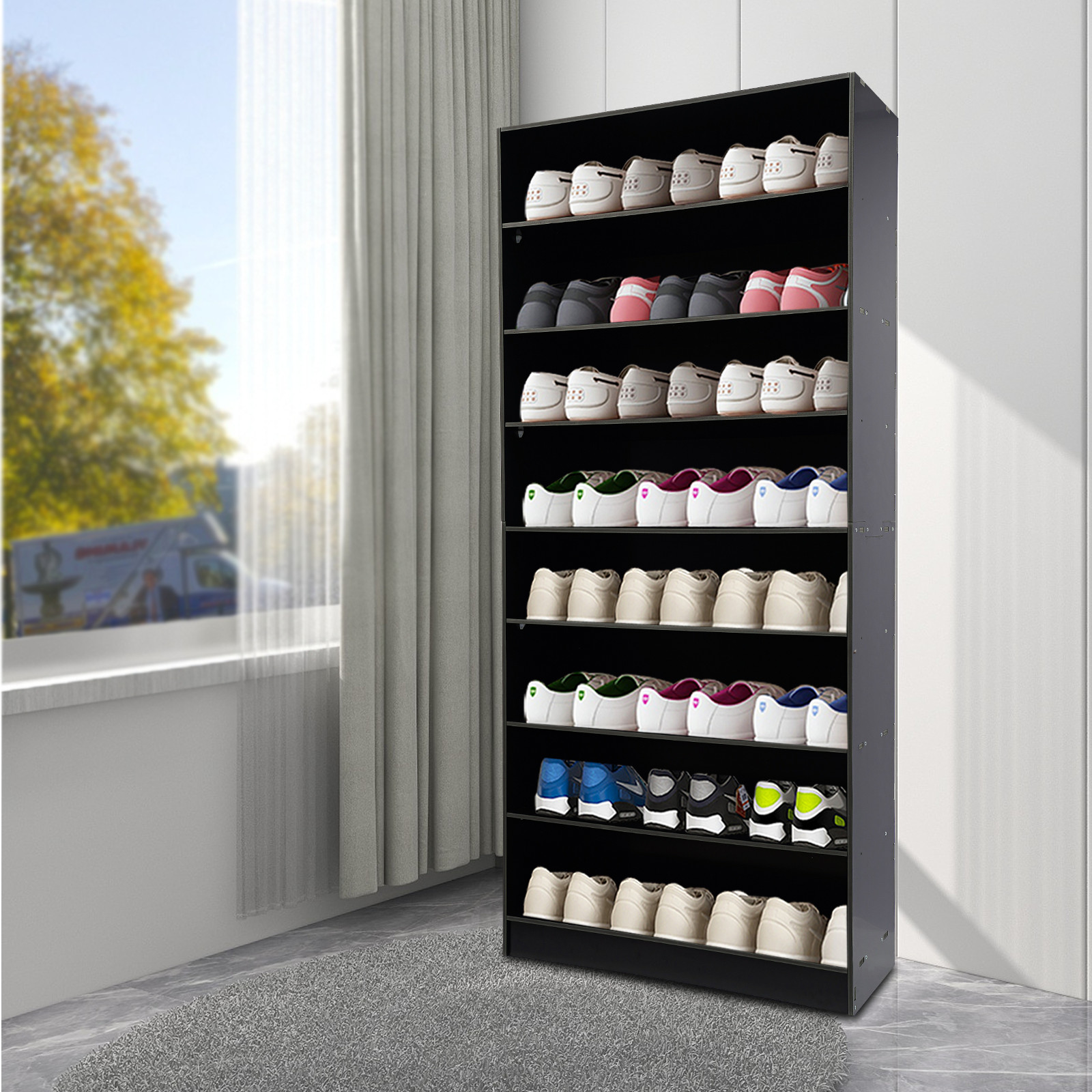 8-Tier Black Shoe Rack Cabinet Wooden Shelf Stand Storage Shoes Organizer Door