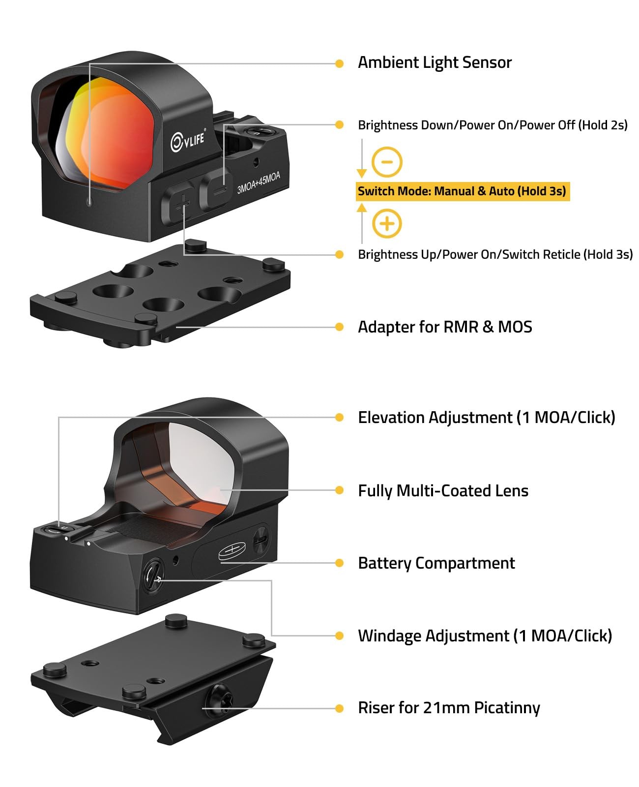 Auto-Brightness Compact Red Dot Sight Multi-Reticle Motion Awake RefIex Sight US