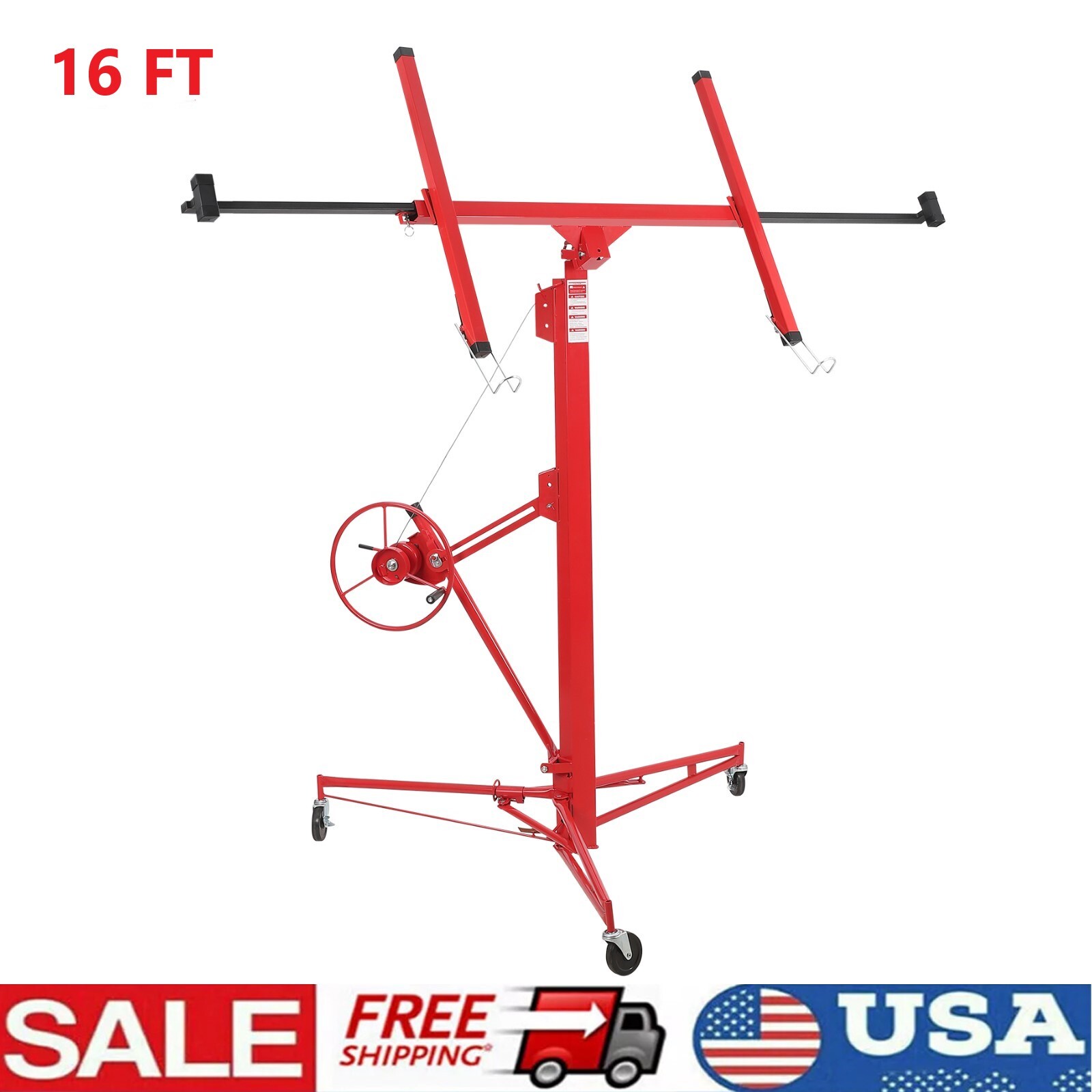 16FT Drywall Rolling Lifter Panel Hoist Jack Lift 150LBS with Lockable Wheels