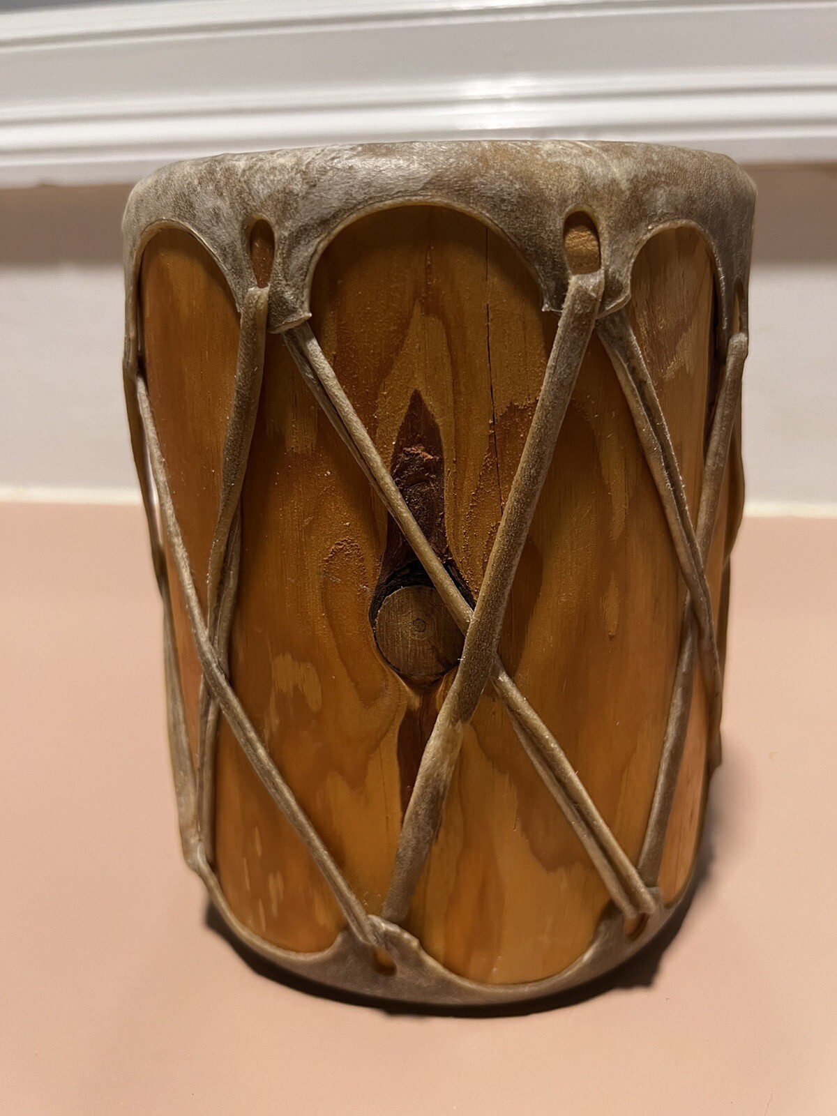 Rustic Native American Rawhide Log Drum 7 high x 5 Wide Preowned G2U