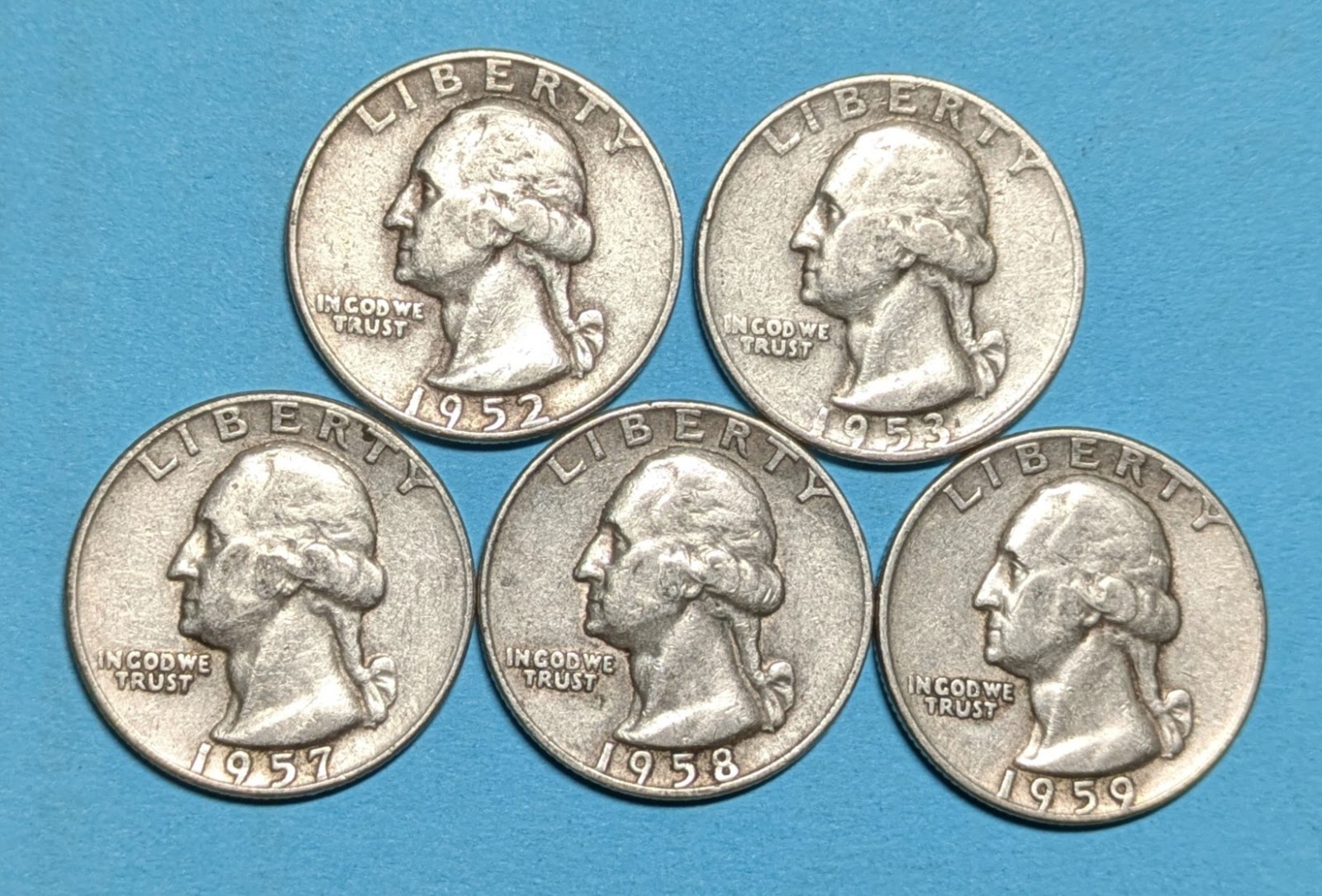 1952D + 1953D + 1957D + 1958D + 1959D Washington Quarters - F to VF - Ships Free