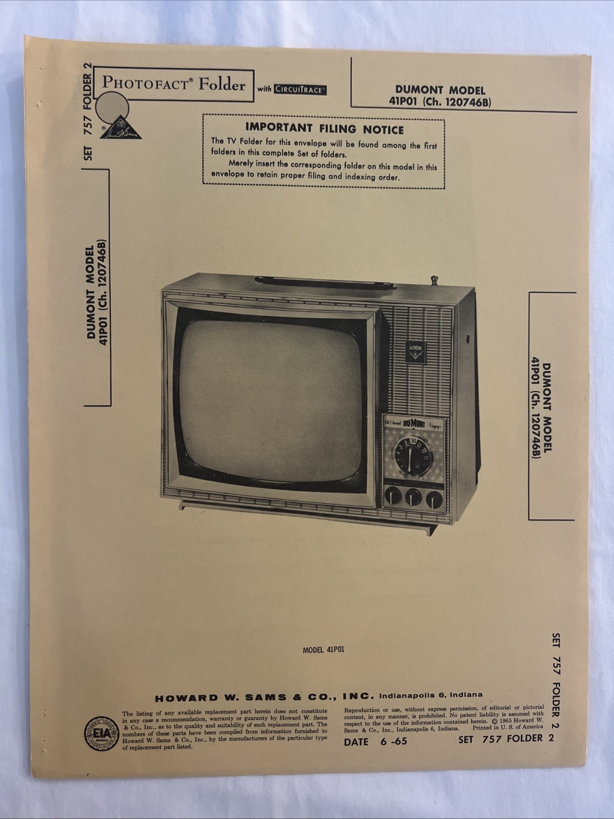Vintage Sams Photofact Schematic 6-1965 DUMONT MODEL 41P01 (Ch. 120746B )