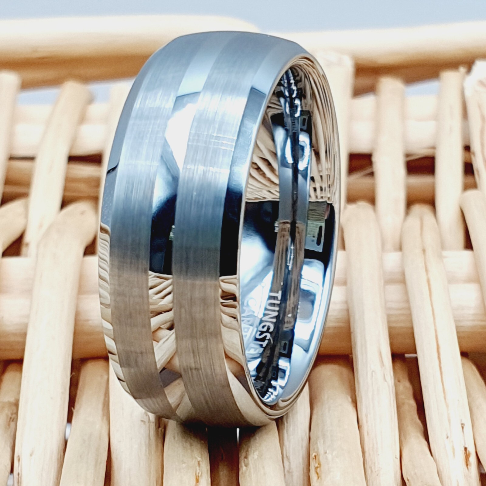 Double-Strip Silver Tungsten Wedding Ring Personalized 8mm Unique Style Band