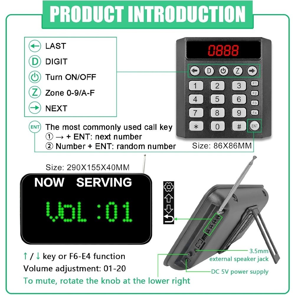 Take a Number System Wireless Queue Calling System Green 3-Digit Ticket Number