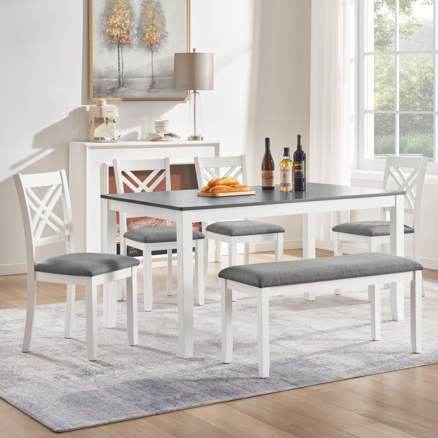 6-Piece Wood Dining Table Set Modern Rectangular w/ 4 Upholstered Chairs & Bench