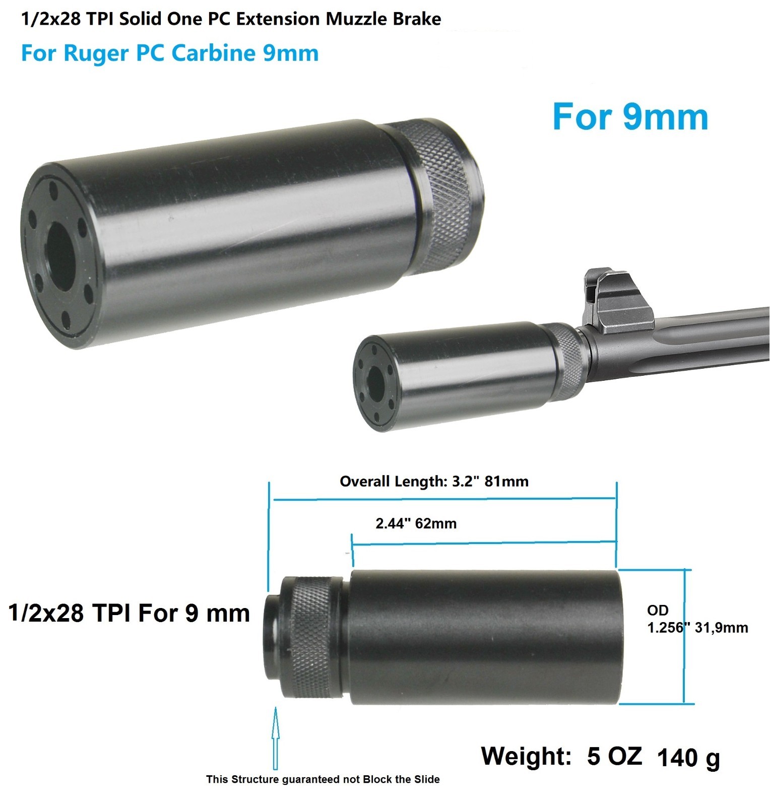 All 9mm 1/2x28 TPI Low Concussion Solid One PC Barrel Extension Muzzle Brake