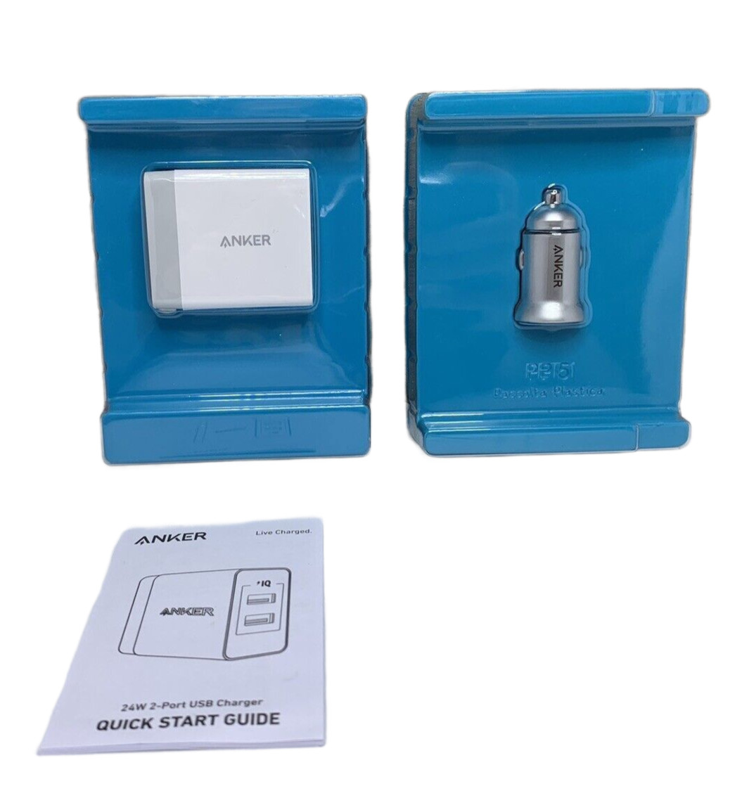 Lot of 2 Anker 2-Port USB Type A Port 24W Wall and Car Charger Anker IQ