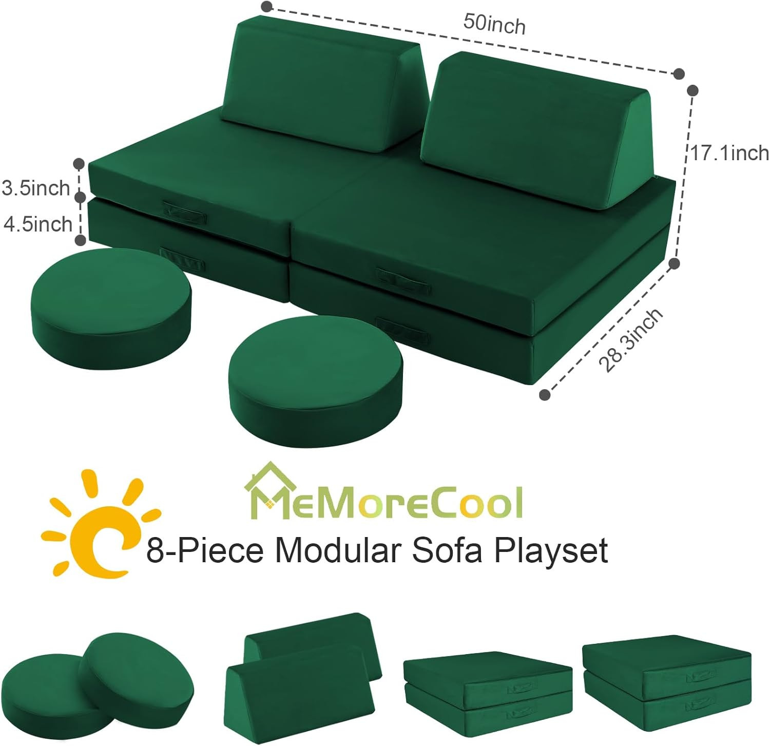 Convertible 8-Piece Kids Play Couch - Green Foam Toddler Sofa Set