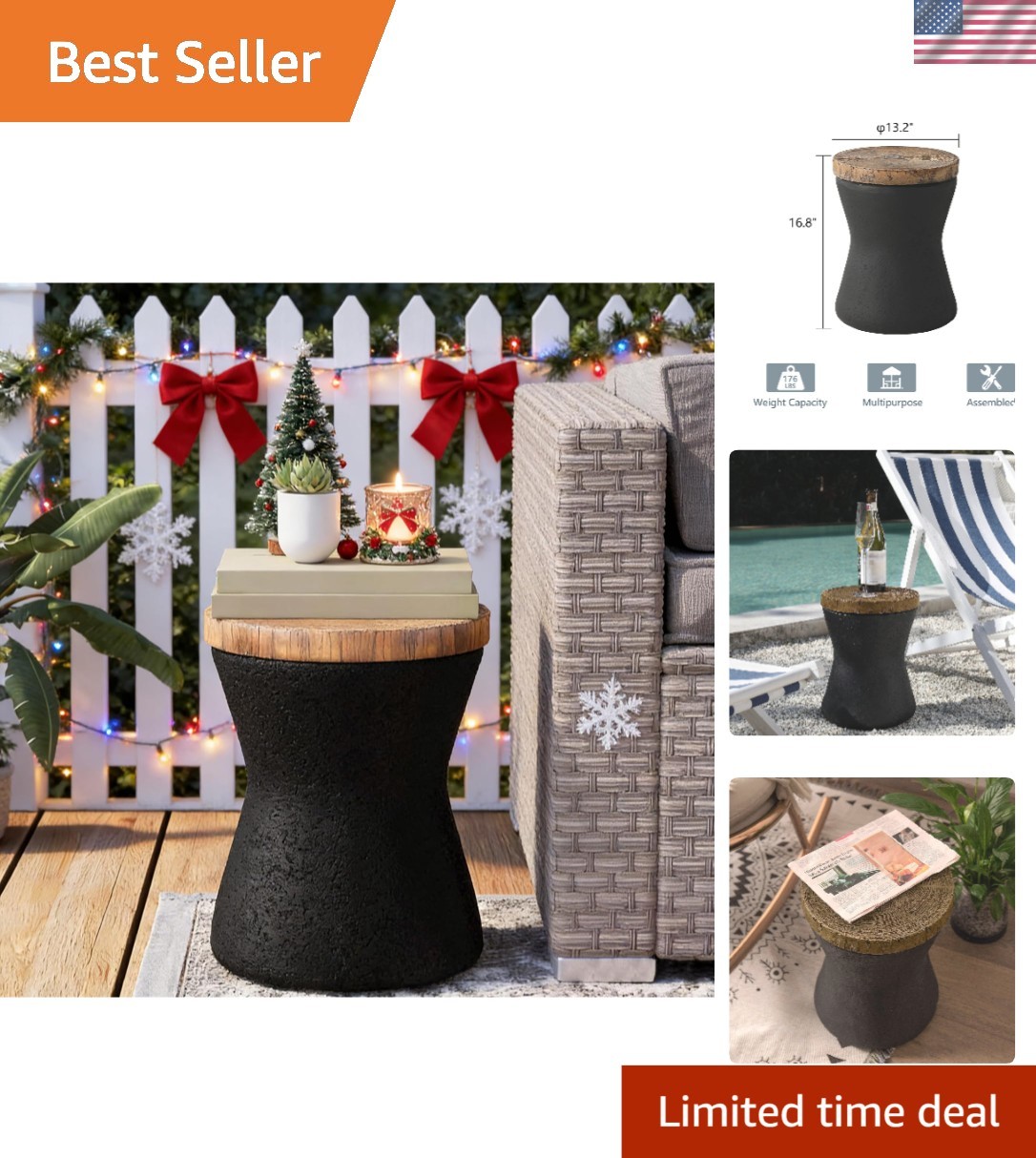 Hand-Painted Hourglass Outdoor End Table in Black - Versatile Accent Stool