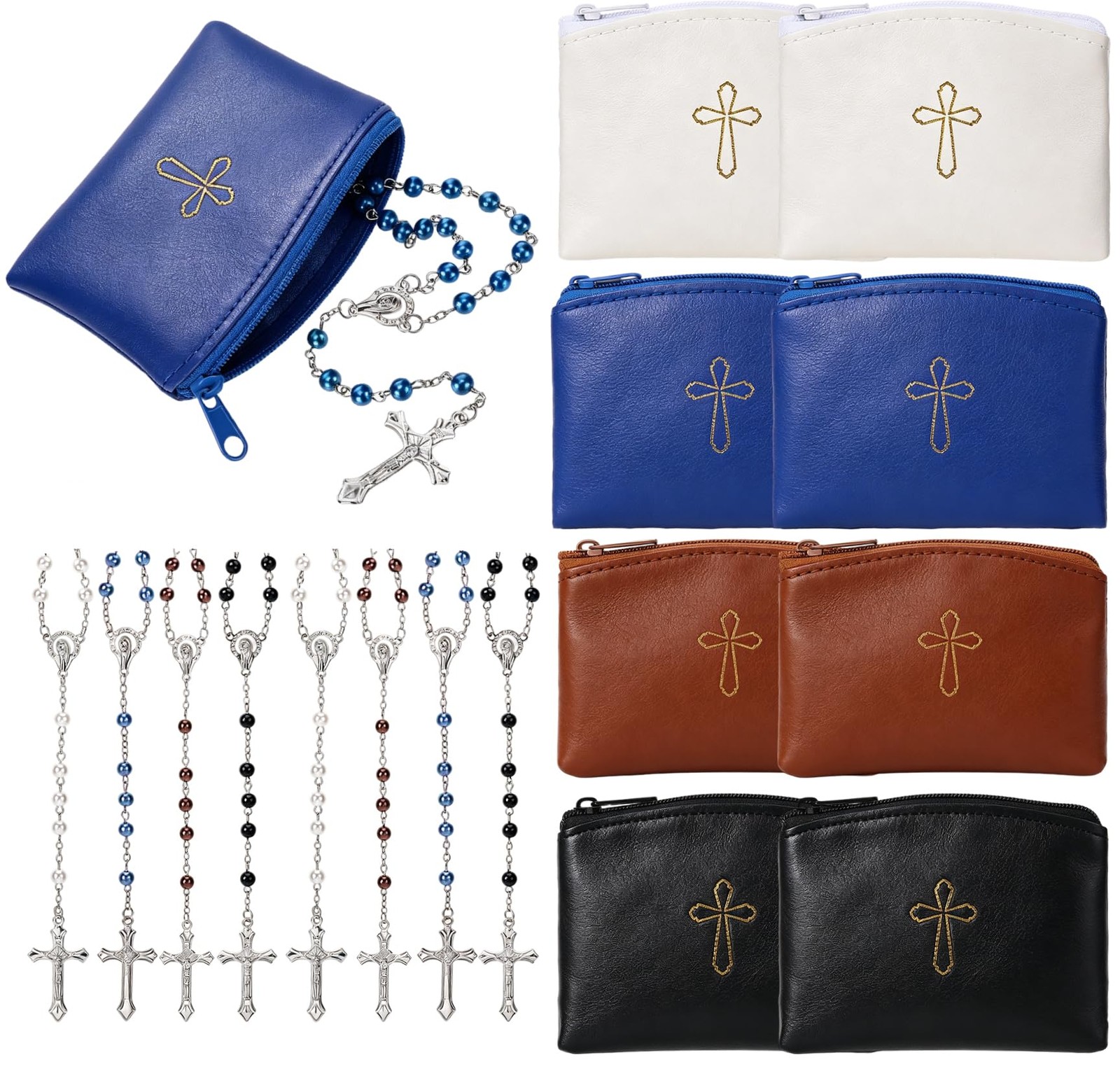 16 Pcs Rosary Pouch with Catholic Rosary Beads Necklace 4 Colors Assorted for...