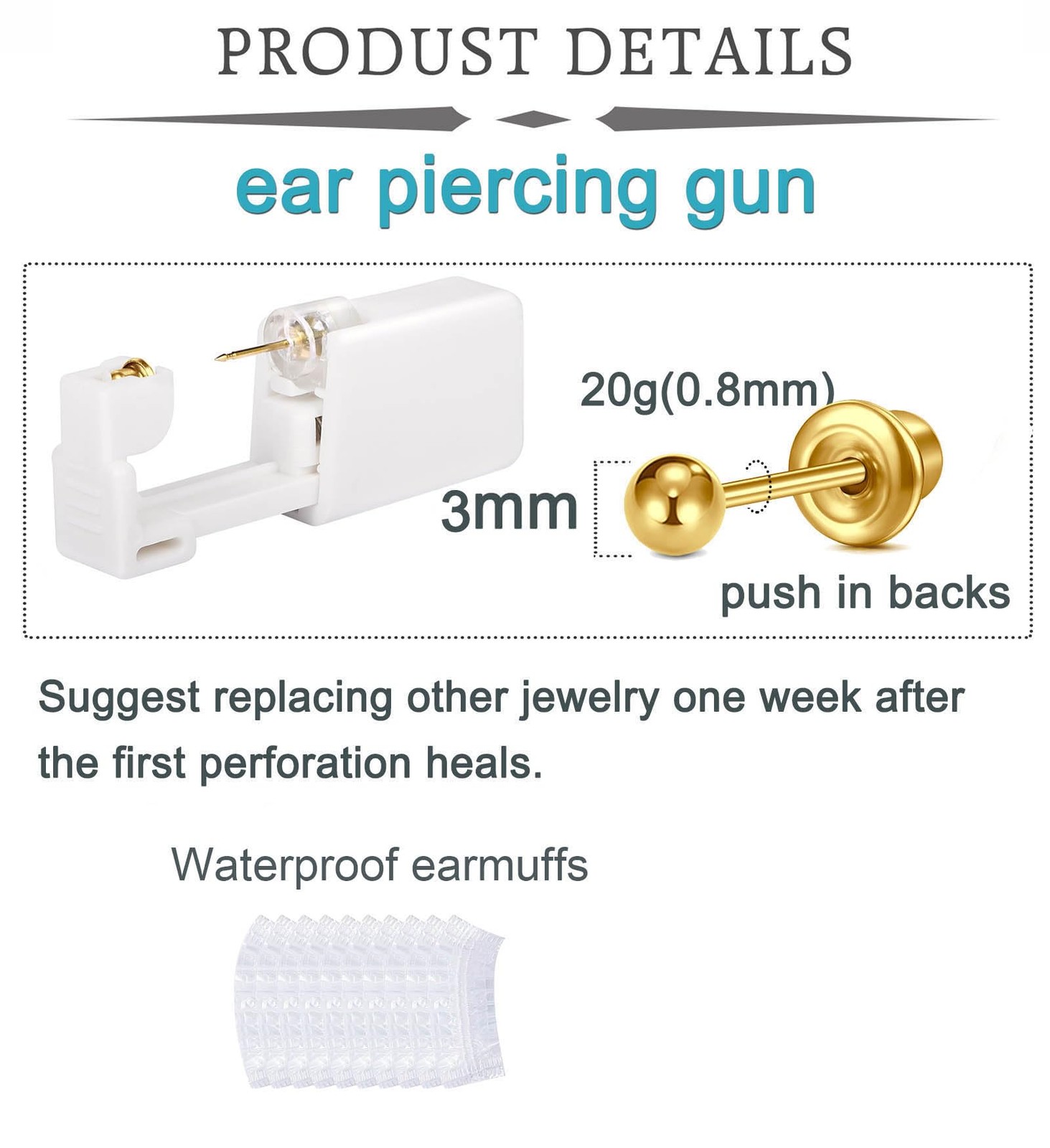 3 Pairs Ear Piercing Kit Gold Ear Piercing Gun Kit Disposable Self Piercing E...