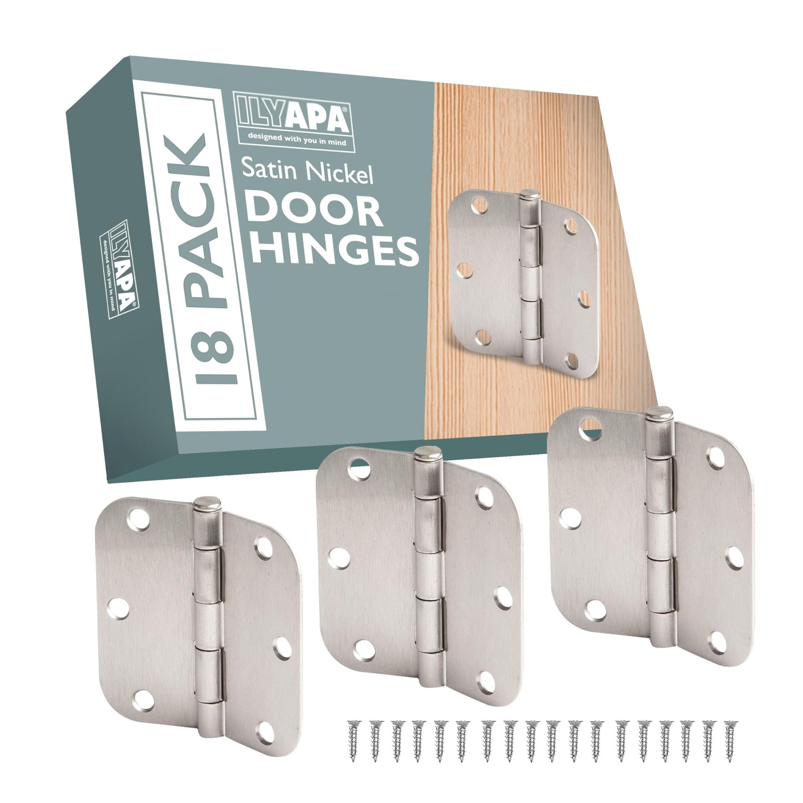 Ilyapa 18 Pack Brushed Nickel Hinges for 3.5 Inches, 18 Pack, Satin