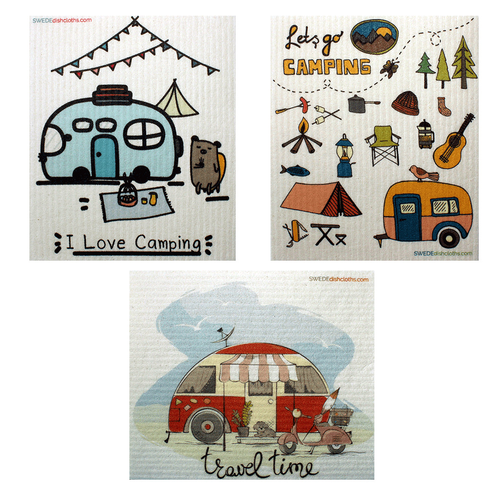 Mixed Camping Set of 3 (One of each design) Swedish Dishcloths ECO friendly,  Ab