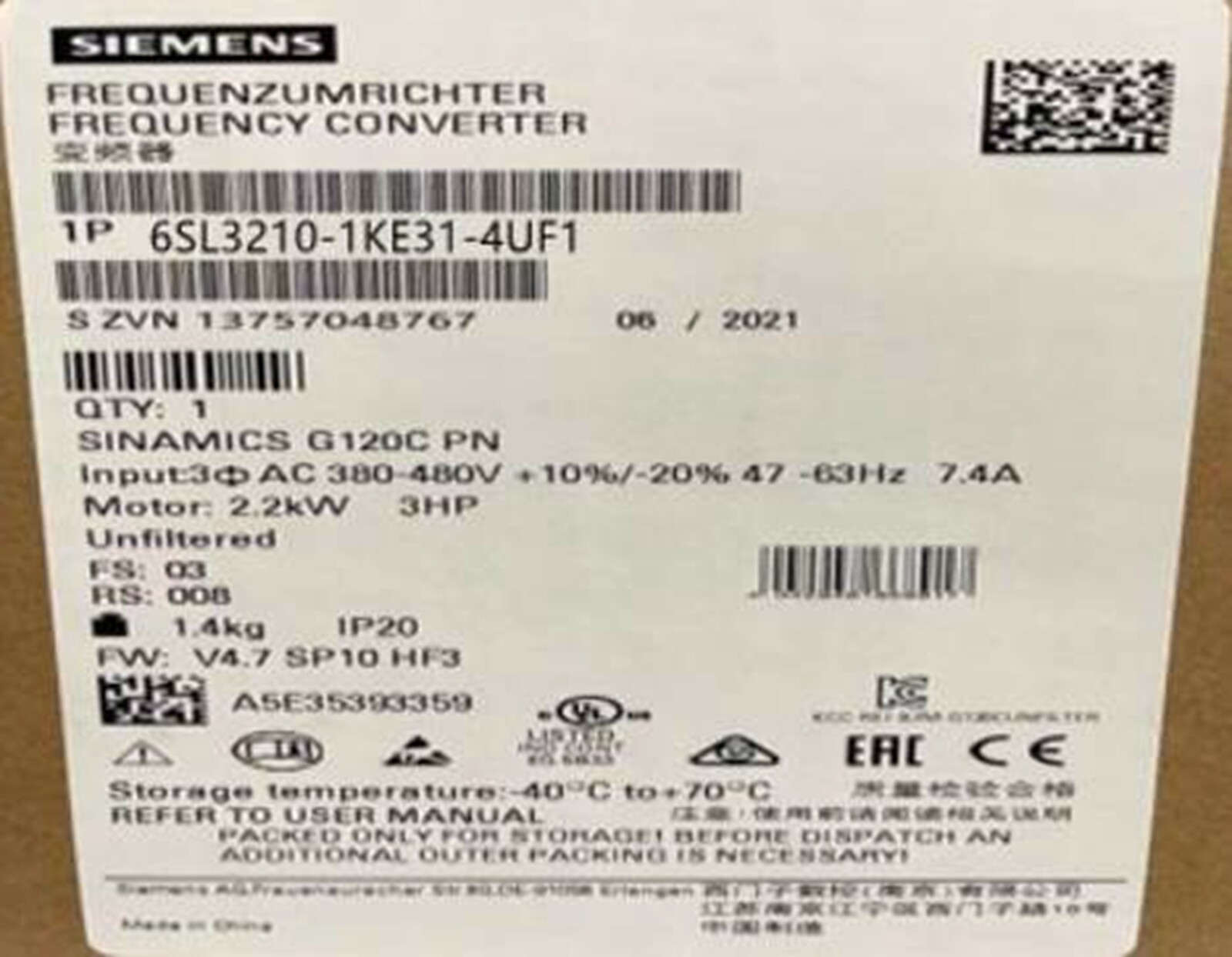 NEW Siemens 6SL3210-1KE31-4UF1 Frequency Converter