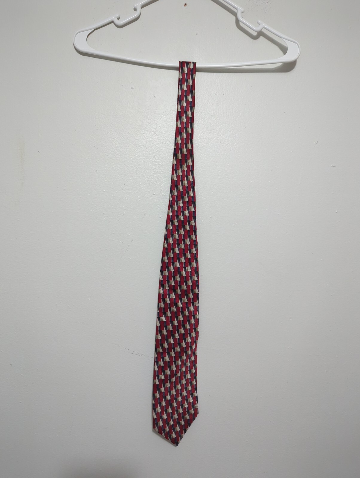 Stafford Executive Mens Red Navy Blue Geometric Silk Necktie Made in USA