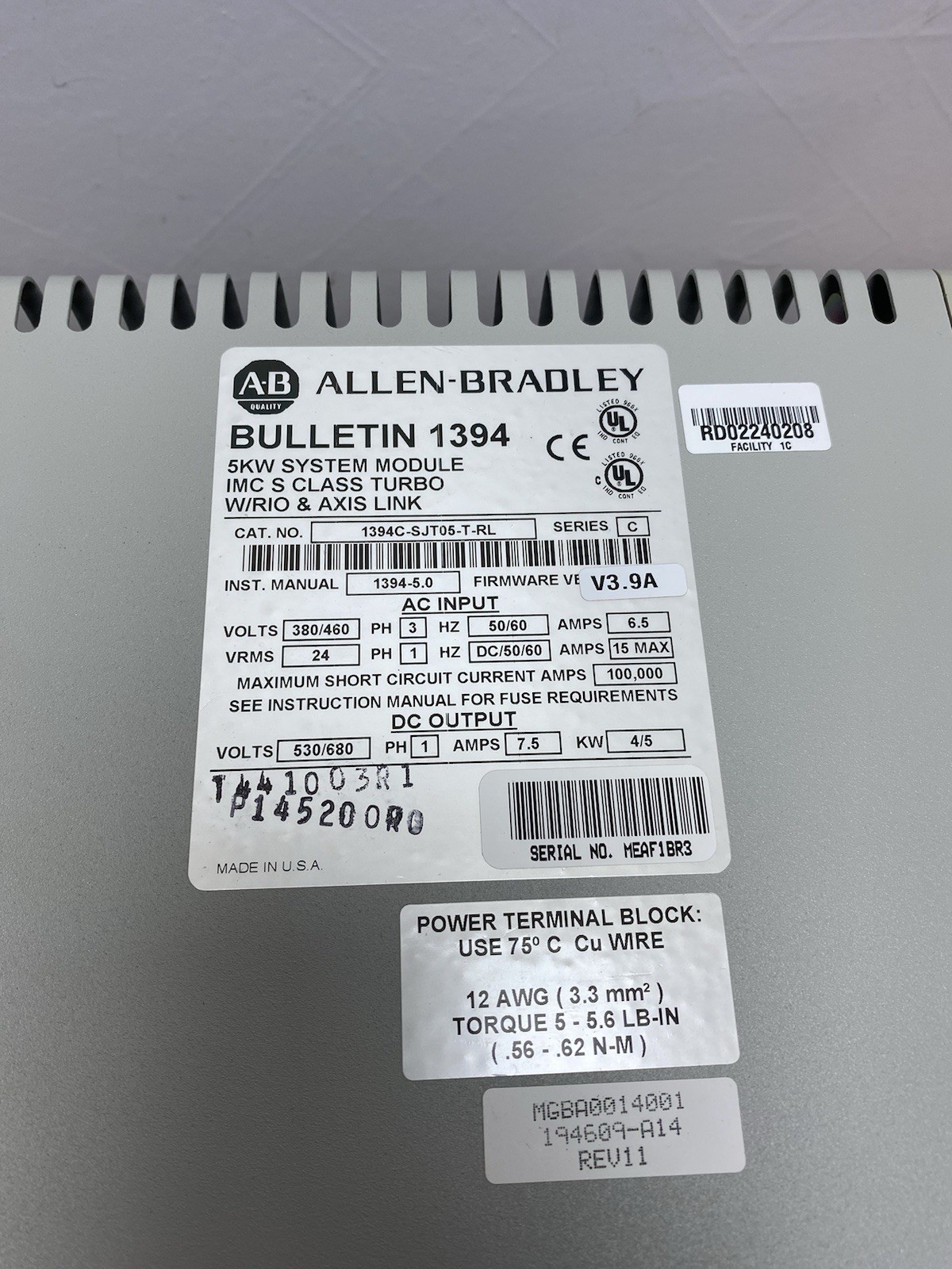 ALLEN BRADLEY 1394C-SJT05-T-RL BULLETIN 1394 DIGITAL SERVO CONTROLLER Ser.C