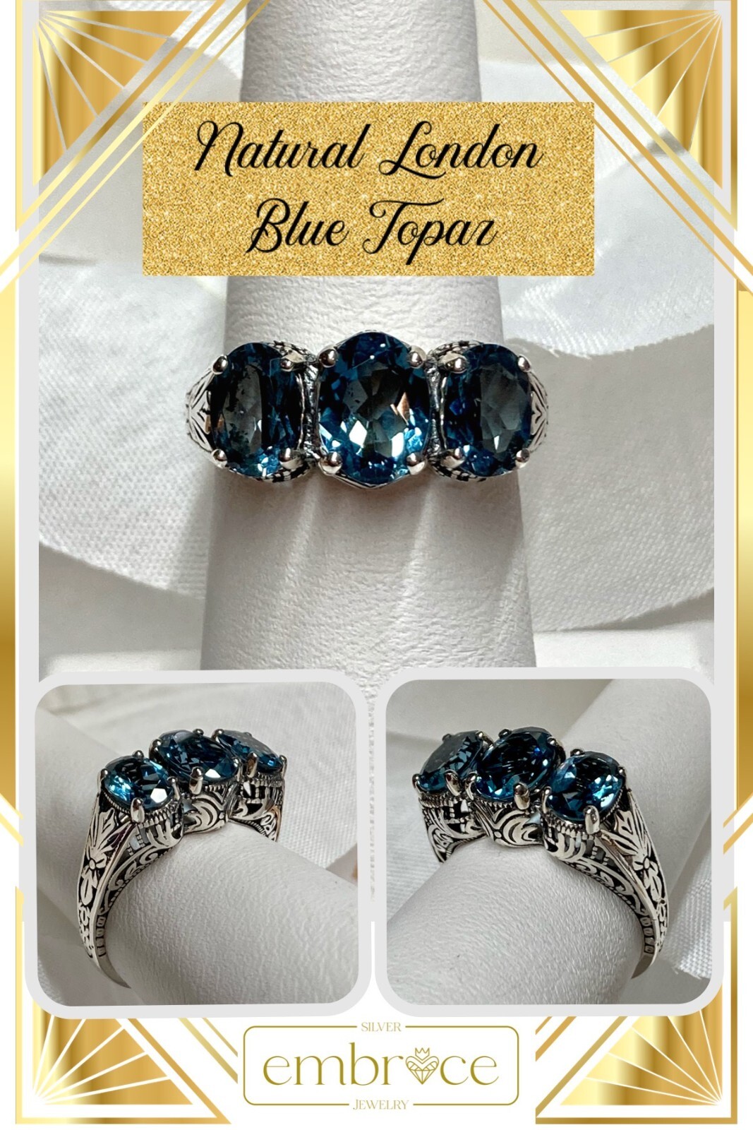 Natural London Topaz Edwardian Sterling Silver Filigree Ring (Custom-Made) D41