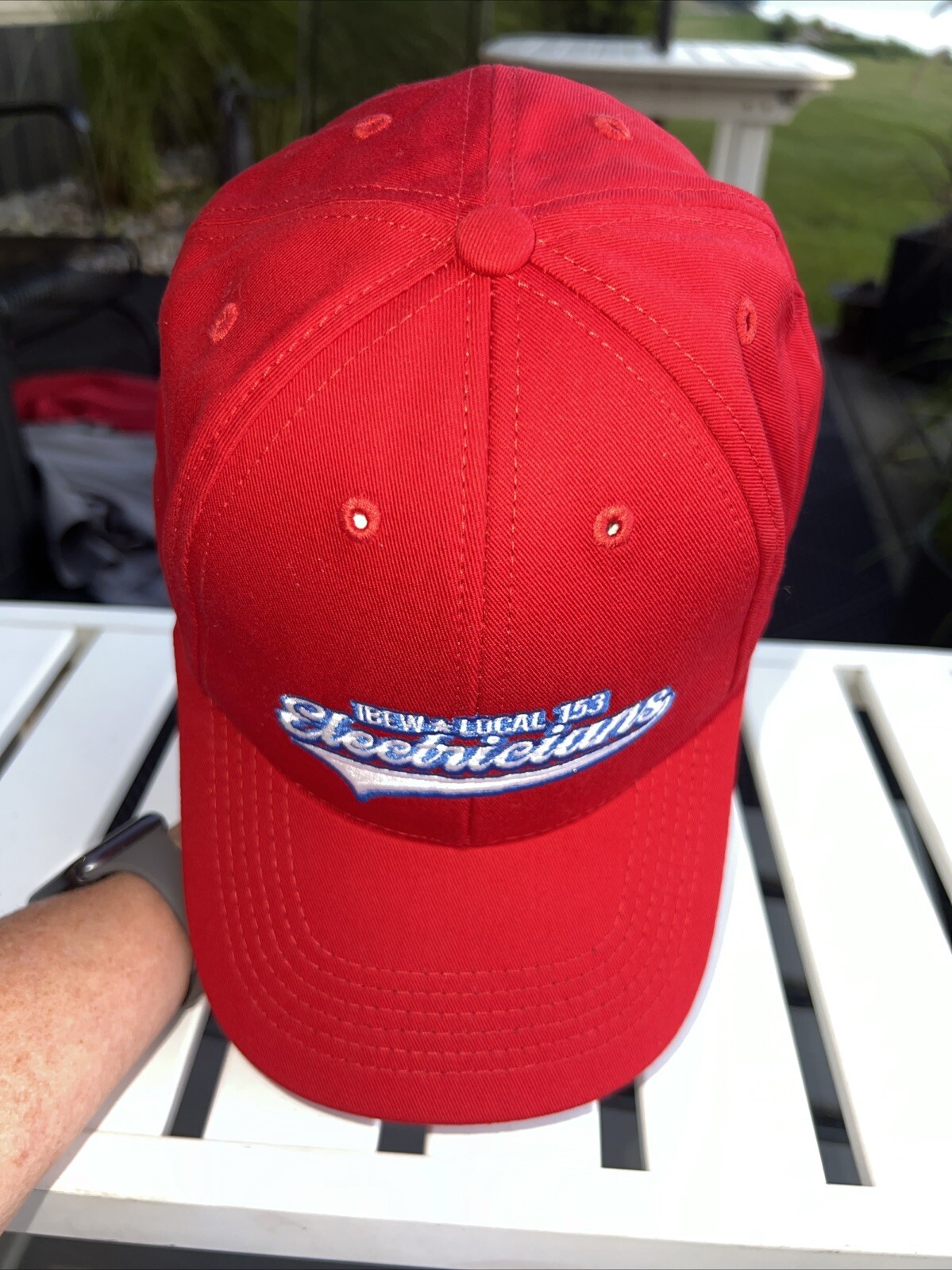 IBEW Local 153 Electricians Red Hat Cap Blue White Accents Hook Loop FlagTag EUC