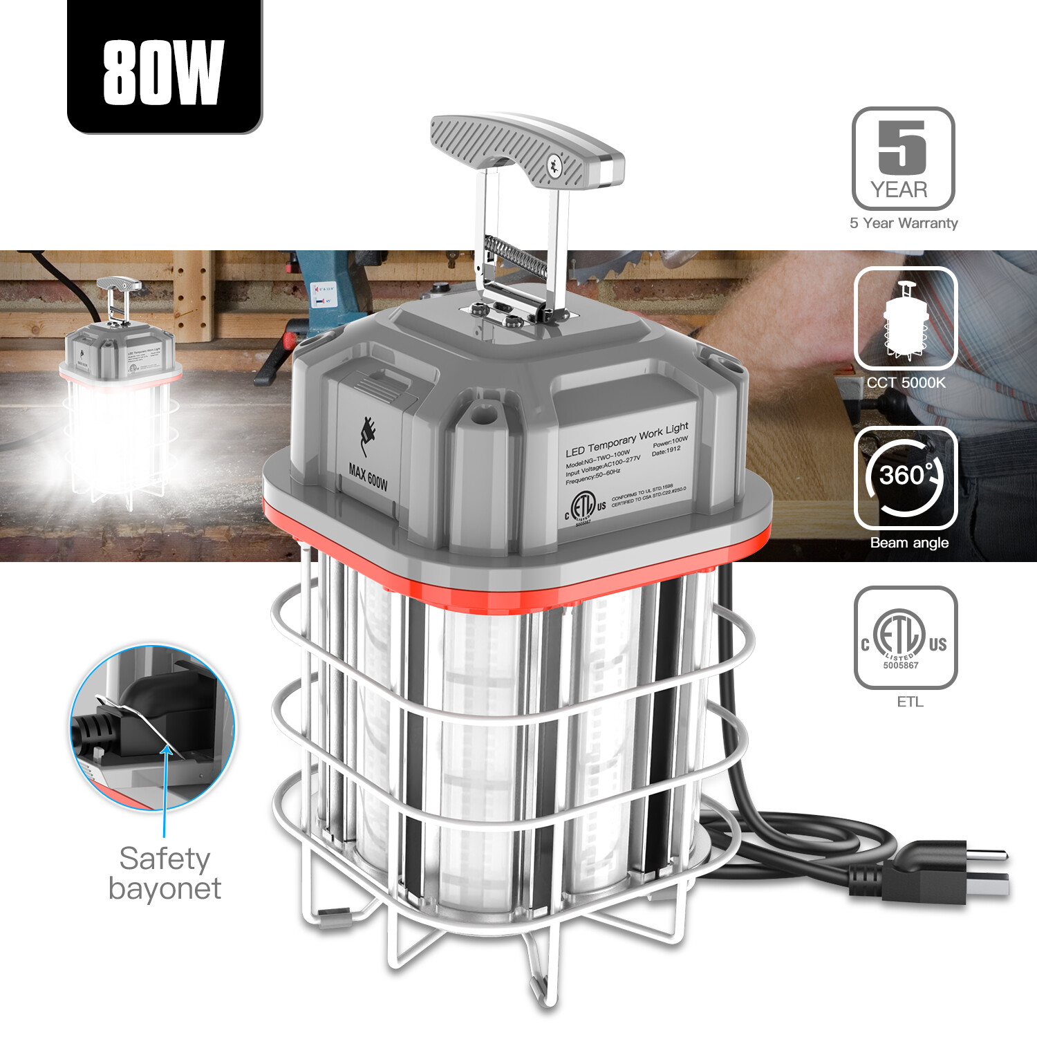 80W Linkable LED Temporary Work Light Building Construction Workshop Portable