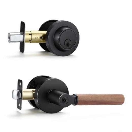 Exterior Door Walnut Wood Lock Set(1 Pack, Black) | Single Cylinder Deadbolt