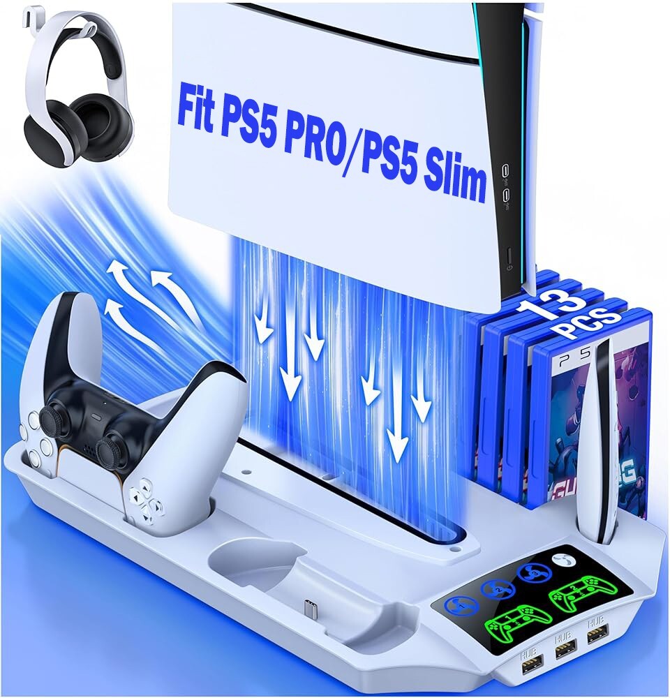 PS5 Slim/Pro Stand Cooling Station PS5 Controller Charging Station for PS5 Disc