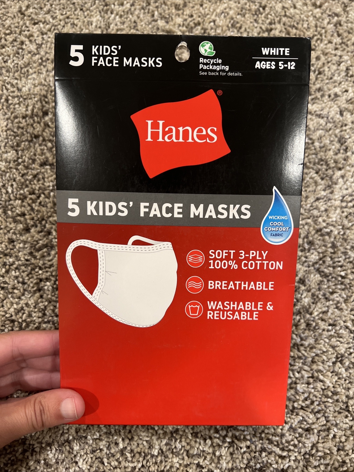 Hanes White Kid’s Face Mask 100% Cotton Reusable washable (5 each Package)- NEW