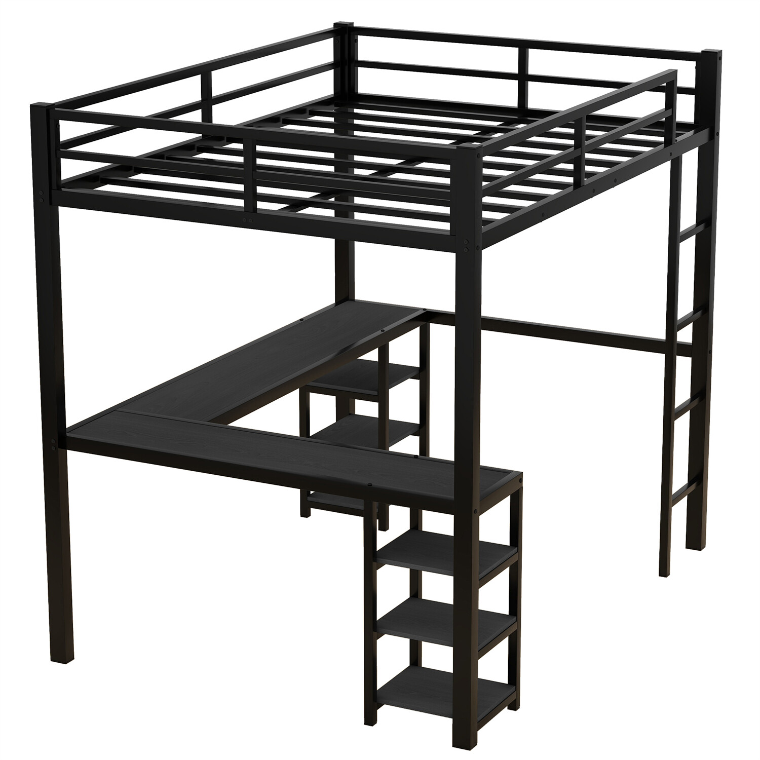 Full Size Loft Bed Metal Bed Frame w/ Desk and Storage Shelves Black
