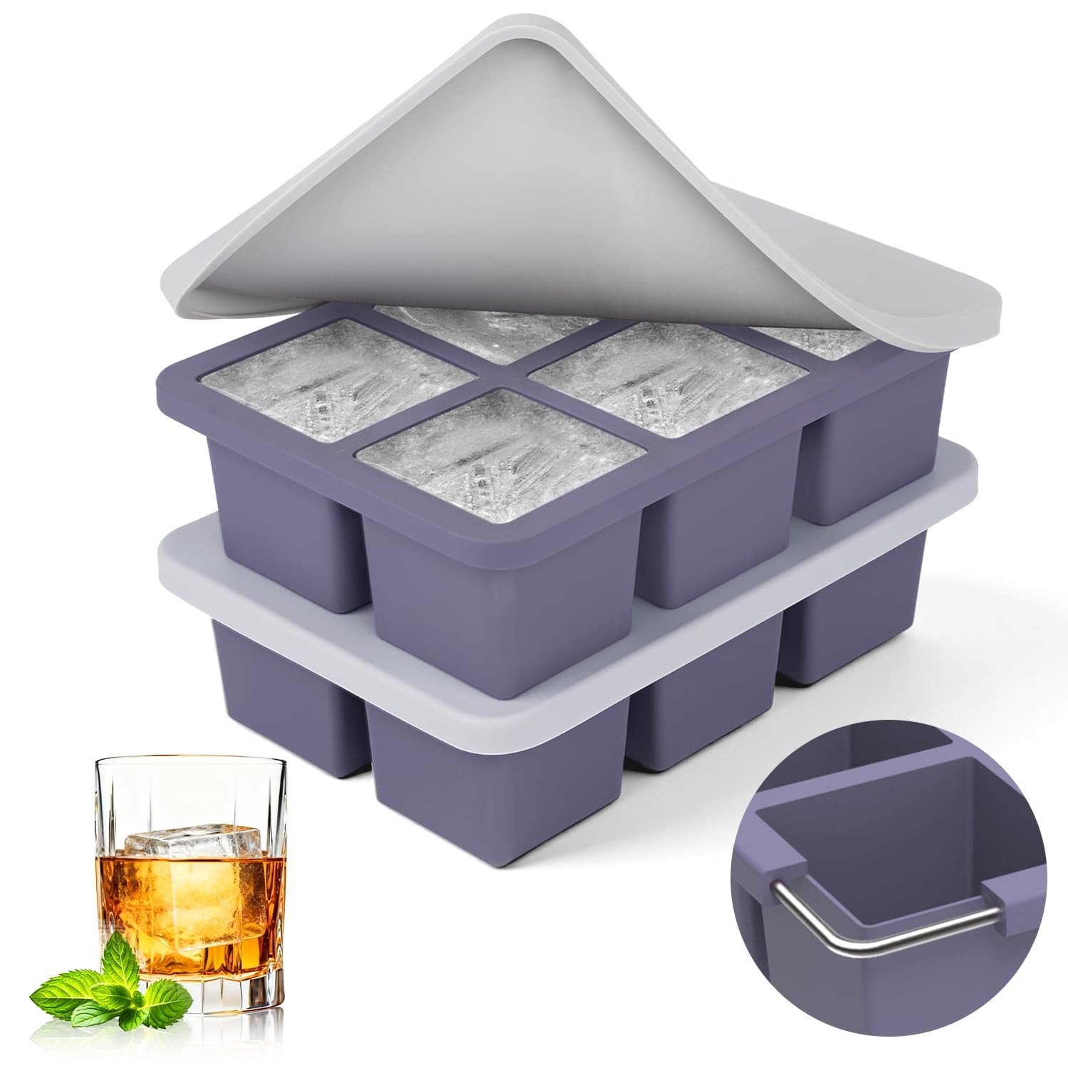 Large Silicone Ice Cube Trays with Lids, 2 Pack, Makes 2-Inch Cubes